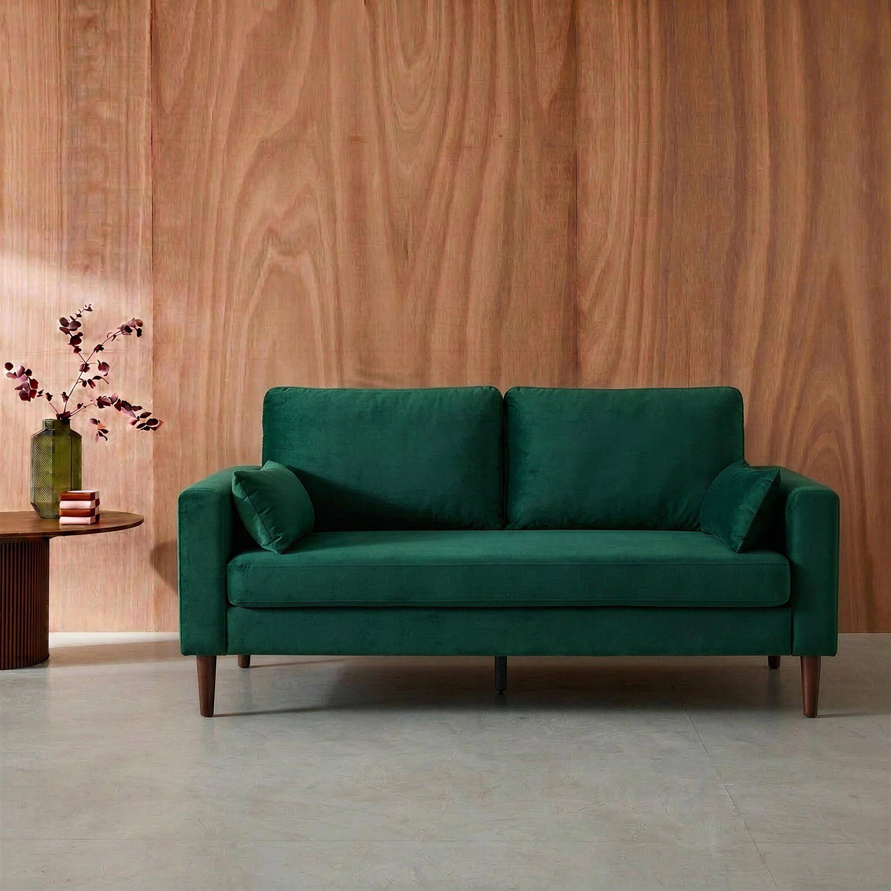 Sofa Samtbezug Englischgrün - 3-Sitzer-Sofa, fest, gerade, Beine aus Hevea-Holz, Nussbaumholzlook - Bjorn Photo1