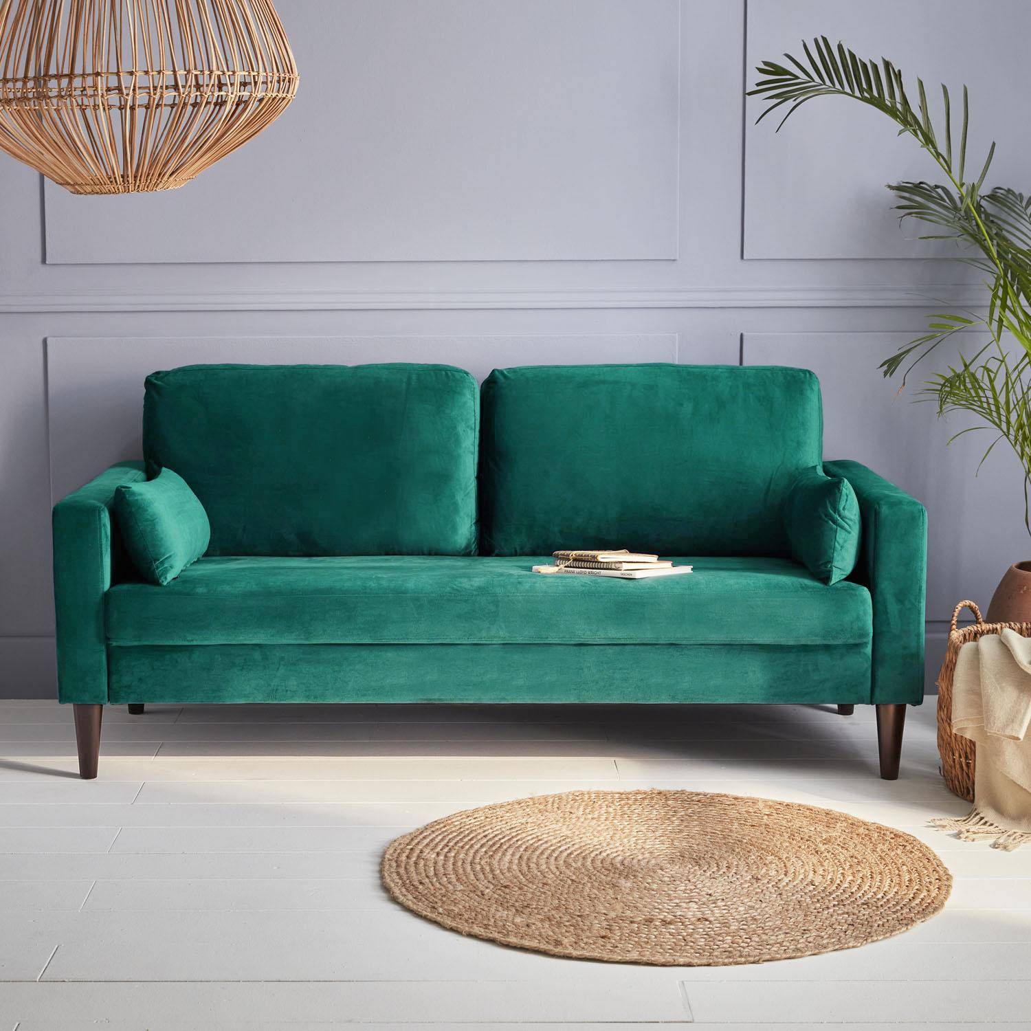 Driezits sofa van mosgroen velours - Bjorn - 3-zits bank met houten poten, scandinavische stijl   Photo1