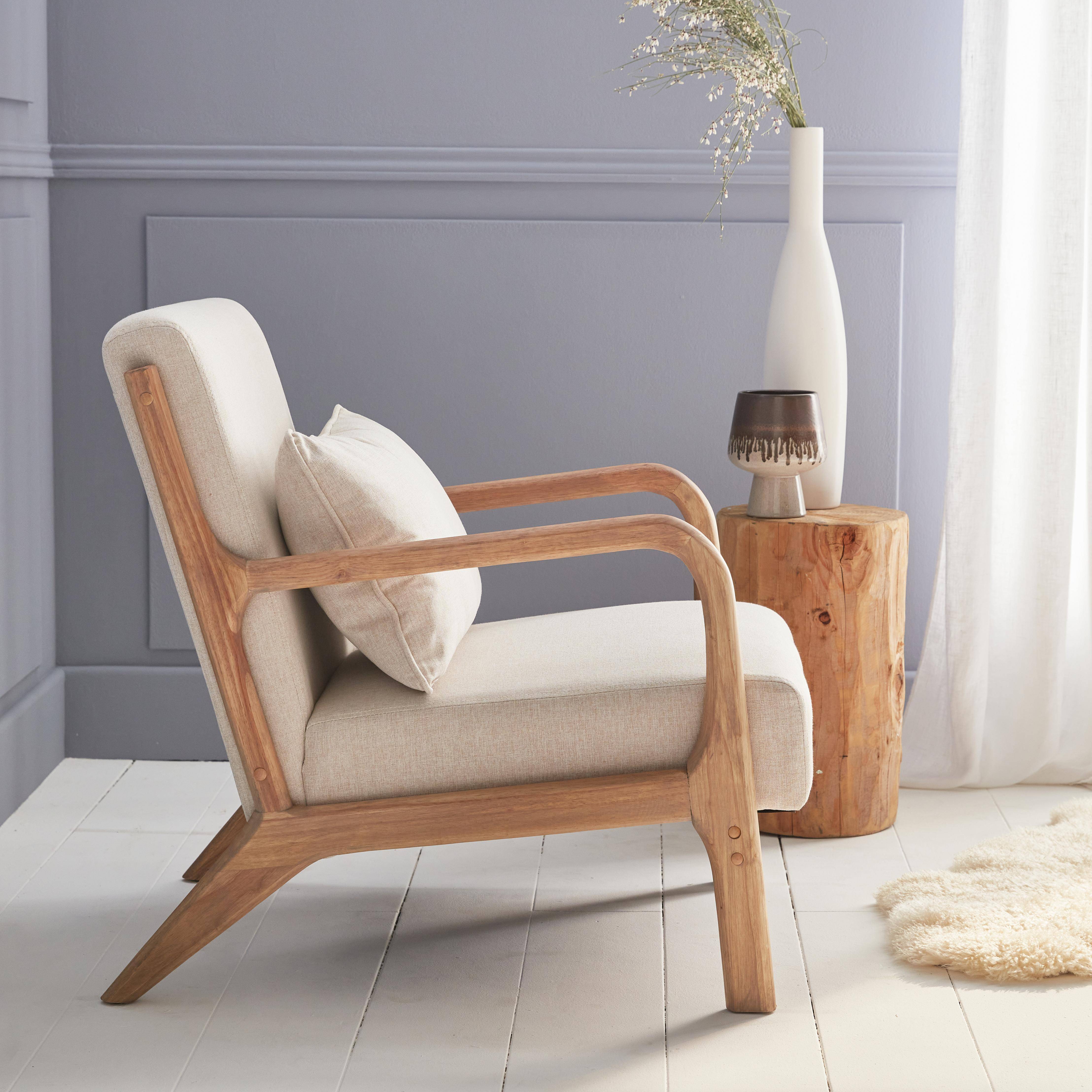 Wooden armchair with scandi-style compass legs and cushion - Lorens - Beige,sweeek,Photo2