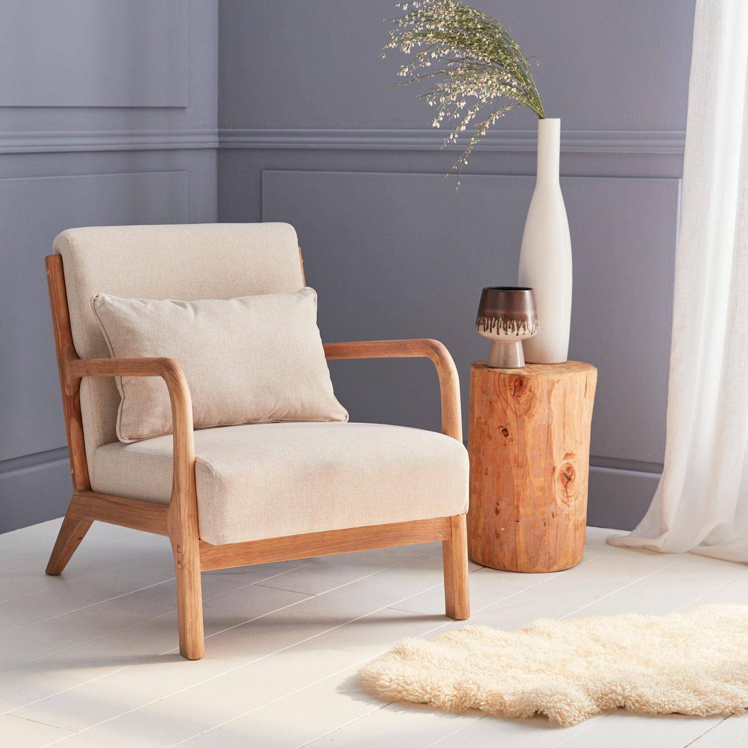 Wooden armchair with scandi-style compass legs and cushion - Lorens - Beige,sweeek,Photo1