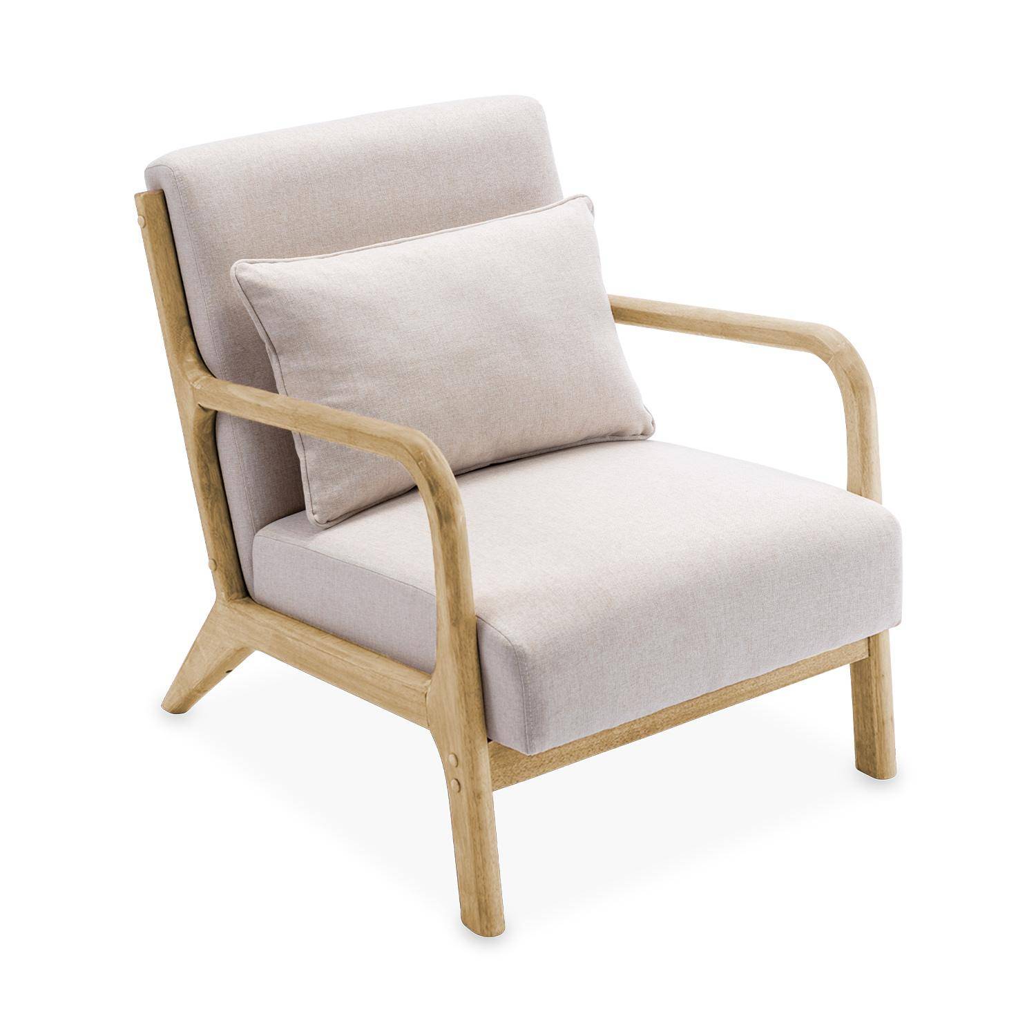 Wooden armchair with scandi-style compass legs and cushion - Lorens - Beige Photo4