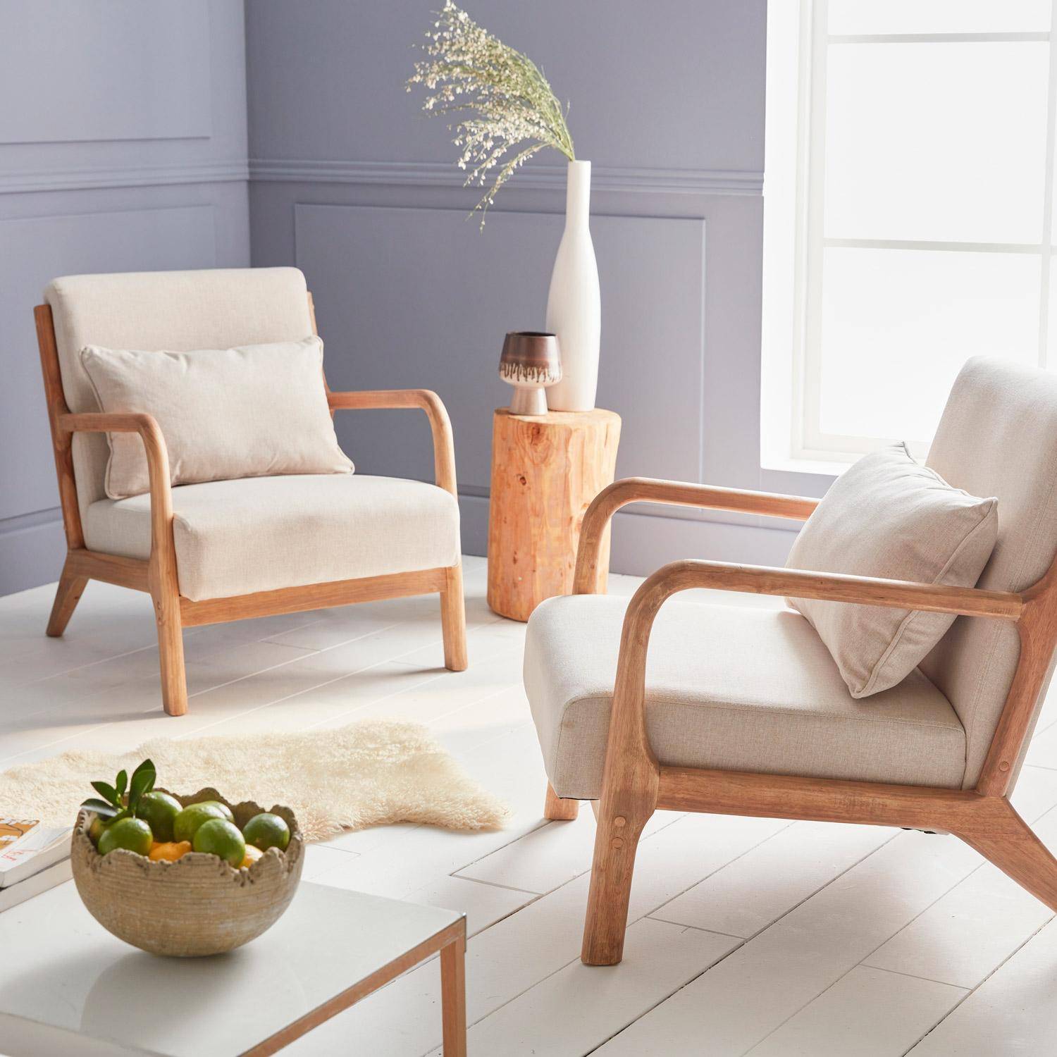 Scandi-style wooden armchair with cushion, Beige