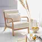 Cosy boucle wooden armchair with scandi-style compass legs and cushion, white, Lorens Photo1