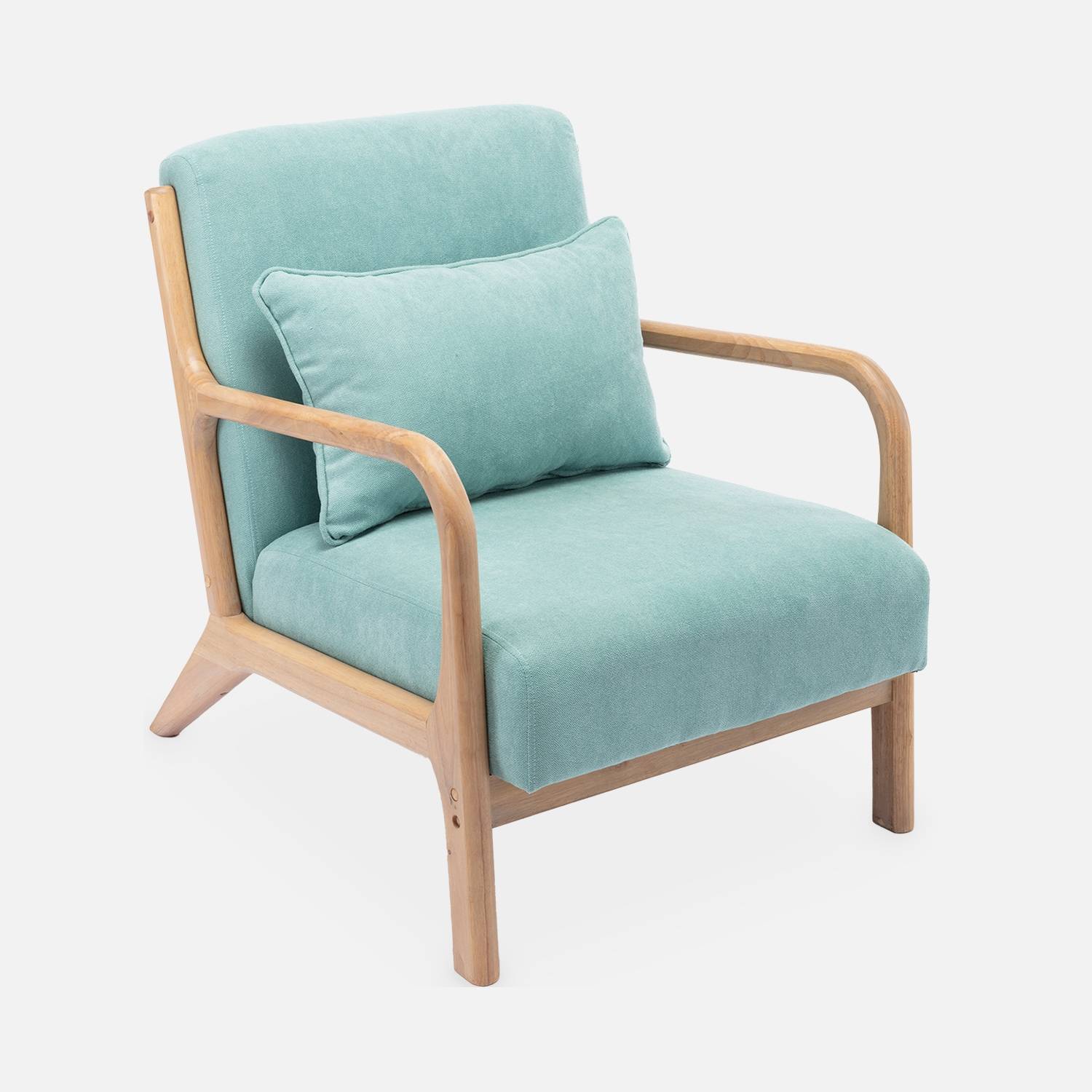 Scandi-style wooden armchair with cushion, Water Green