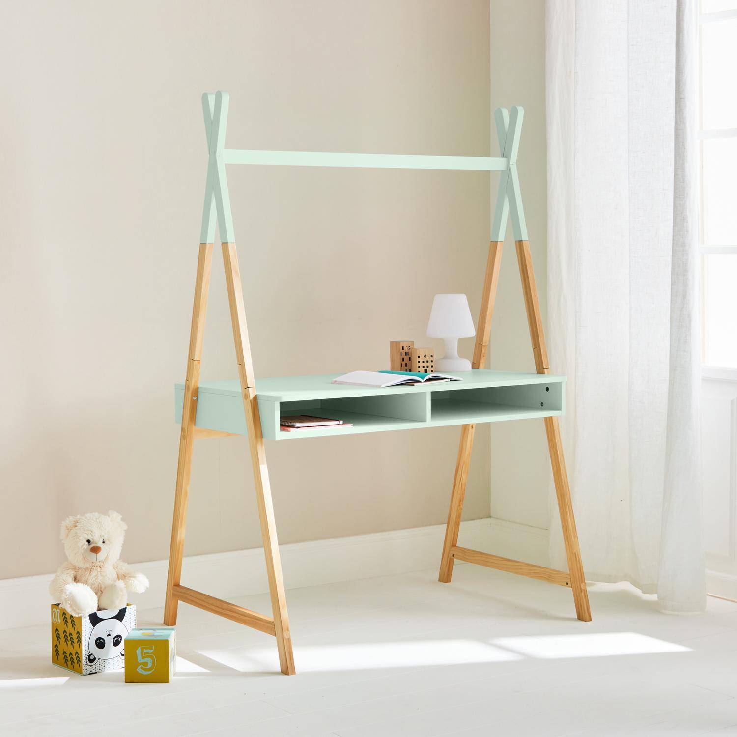 Tipi-style pinewood desk, 110x75x160cm, Tobias, Water Green Photo2