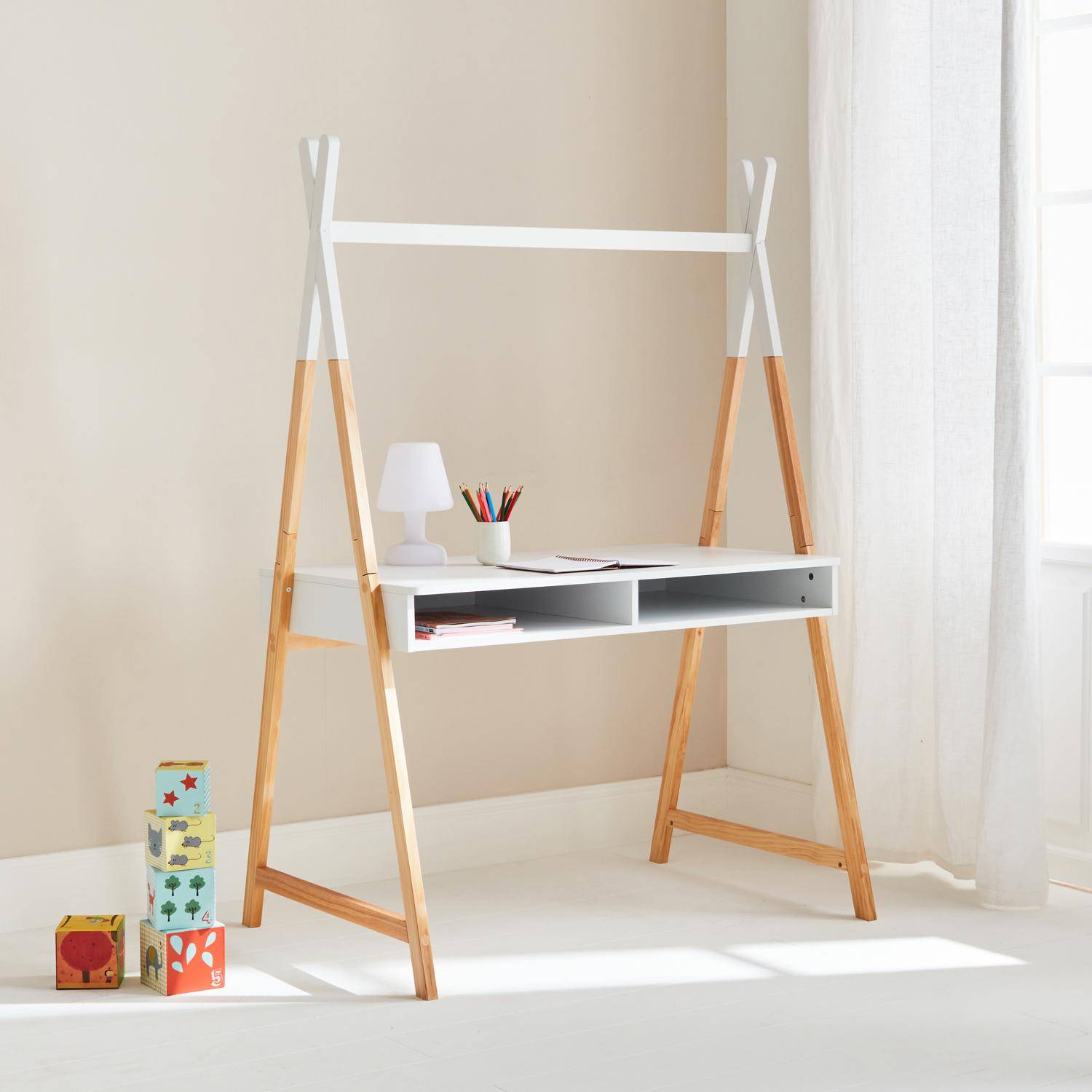 Tipi-style pinewood desk, 110x75x160cm, Tobias, White,sweeek,Photo2