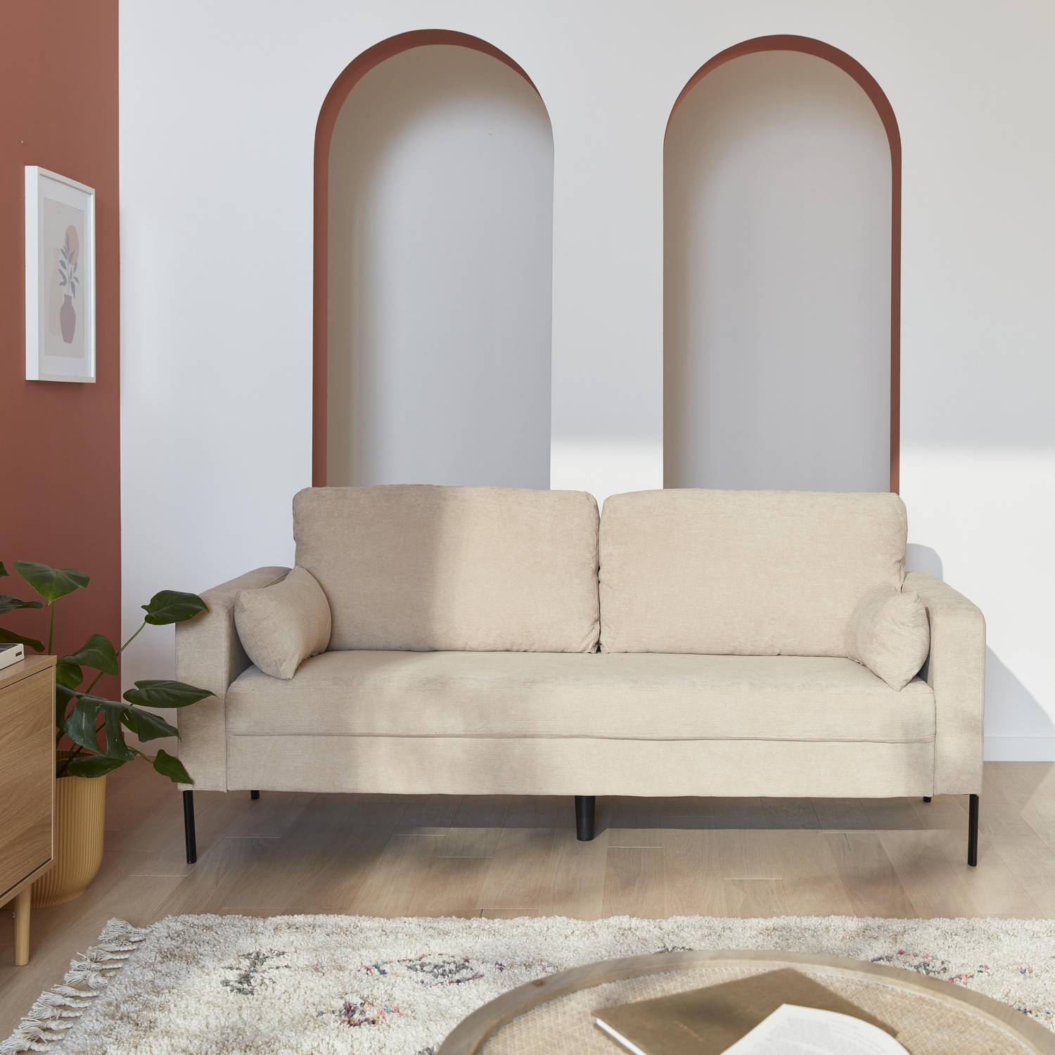 Large 3-seater living room sofa - Beige Corduroy, industrial-style metal legs - Bjorn - Beige Photo1