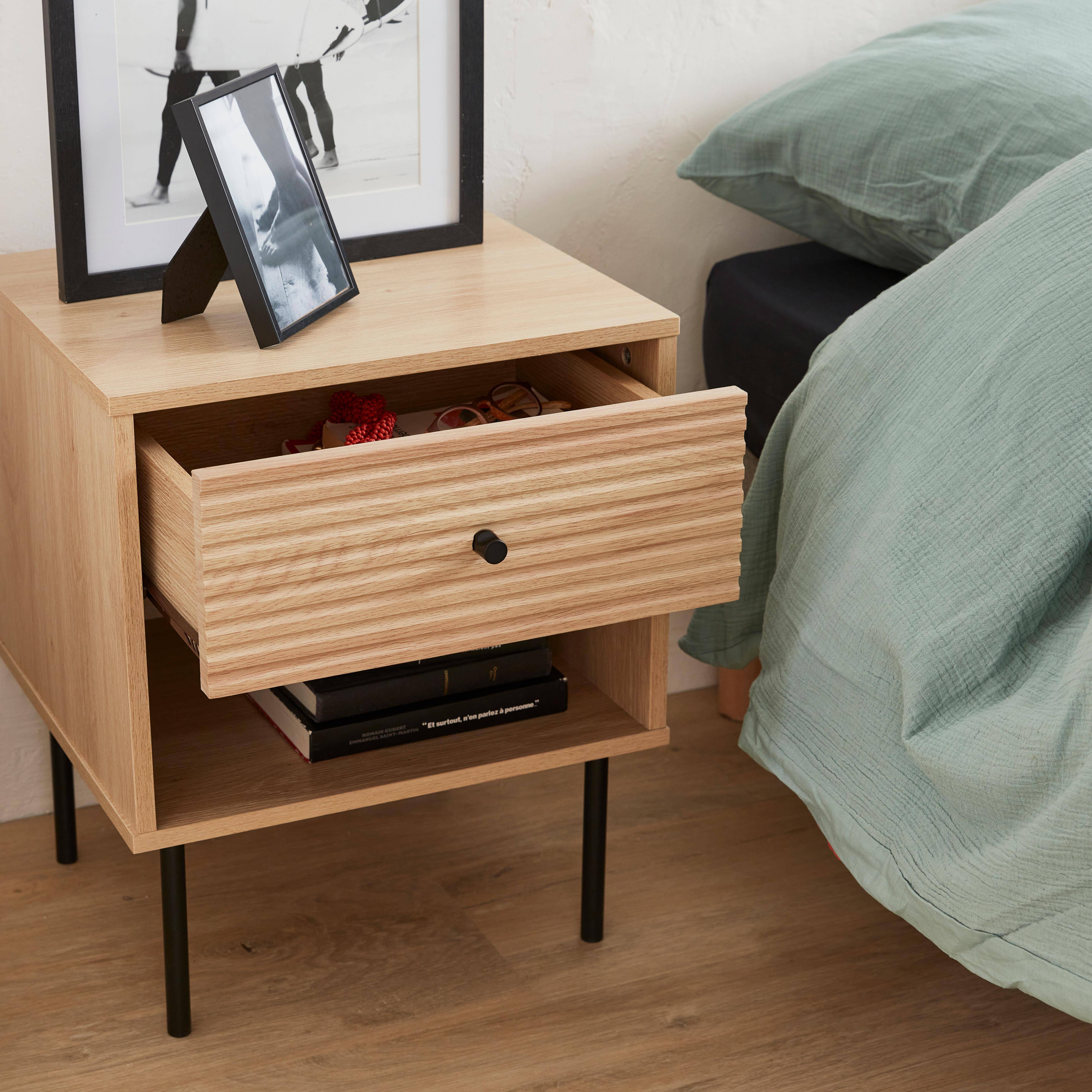 Grooved wood-effect bedside table, 45x39.5x55cm - Braga - Natural wood colour,sweeek,Photo2