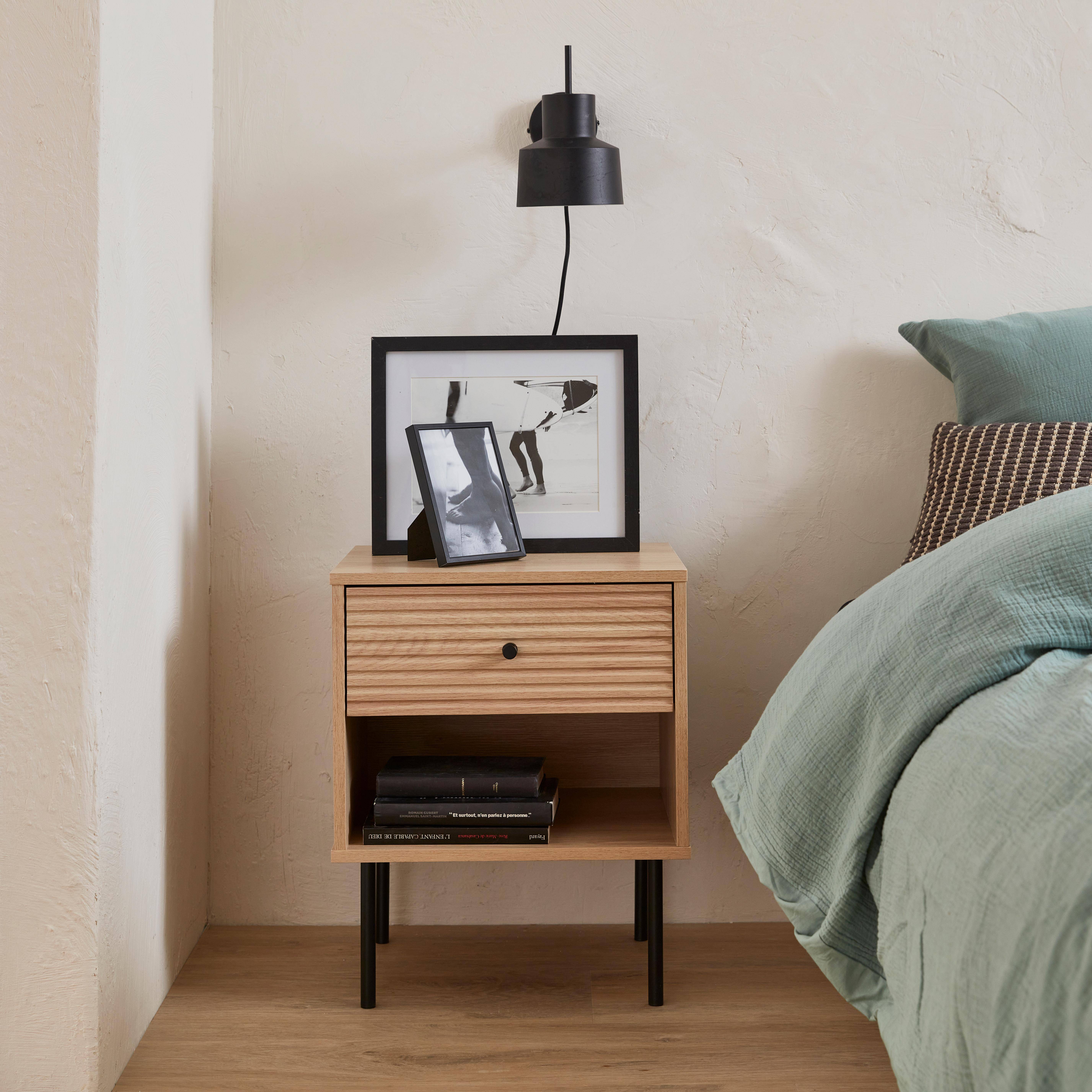 Grooved wood-effect bedside table, 45x39.5x55cm - Braga - Natural wood colour Photo1
