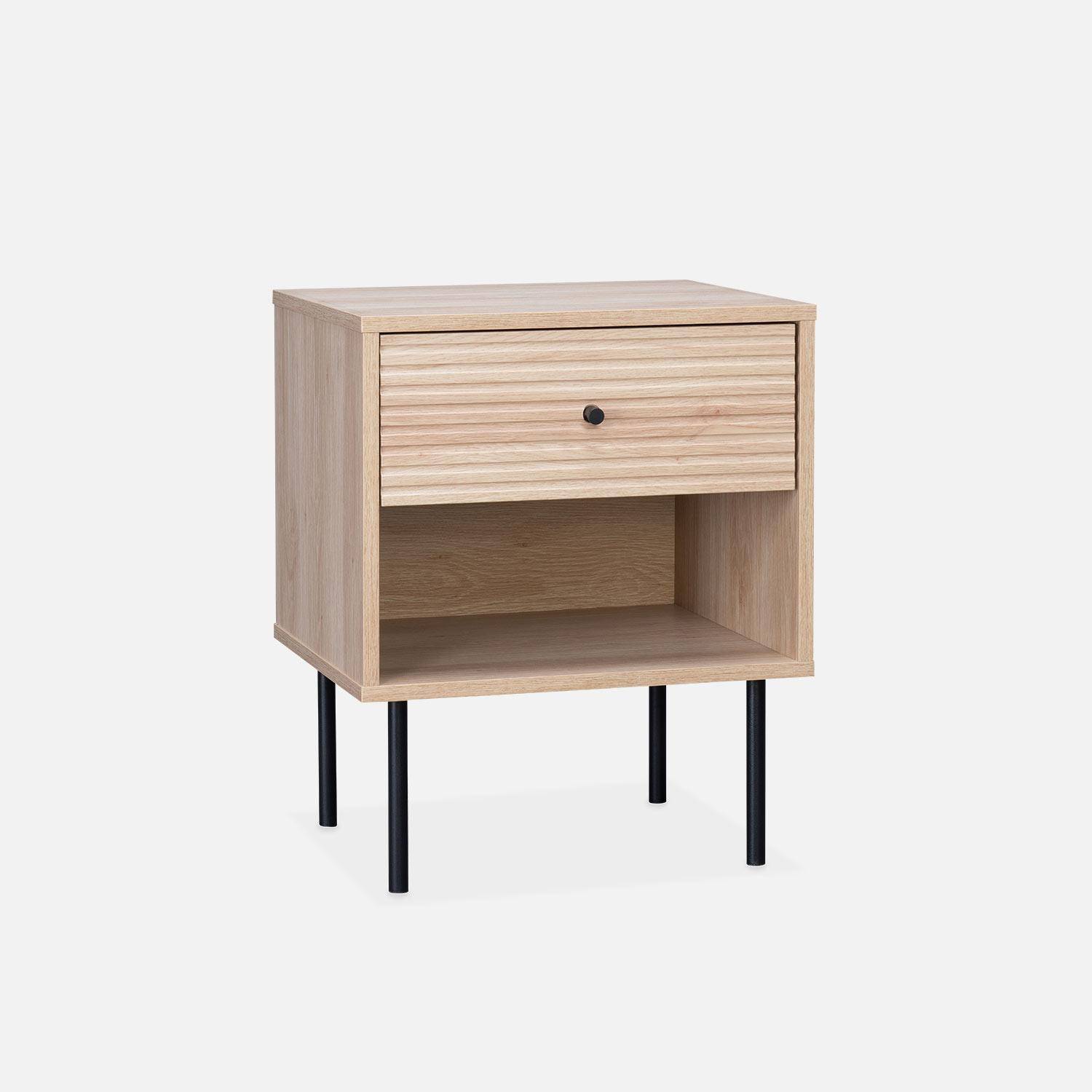 Grooved wood-effect bedside table, 45x39.5x55cm - Braga - Natural wood colour,sweeek,Photo3