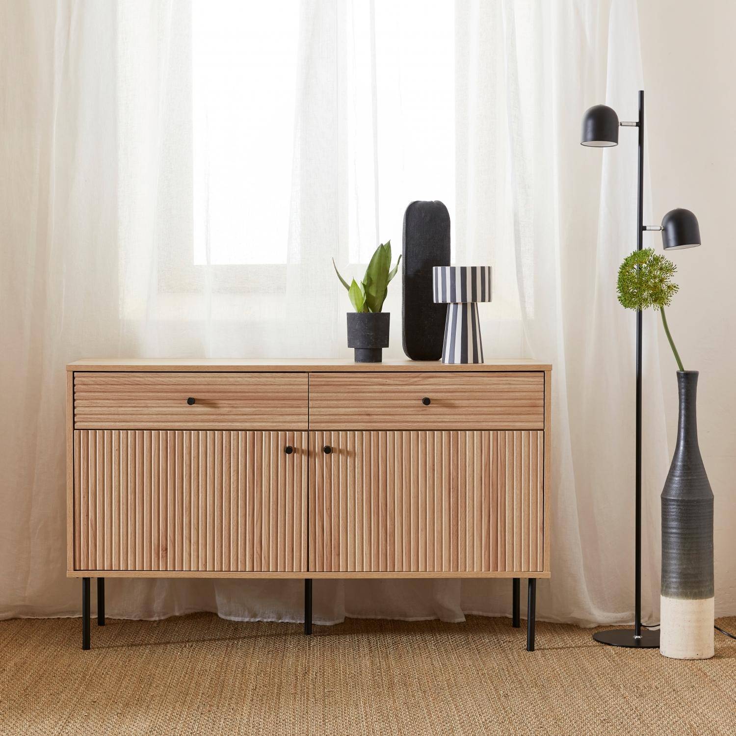120cm sideboard with grooved wood and metal decor Natural
