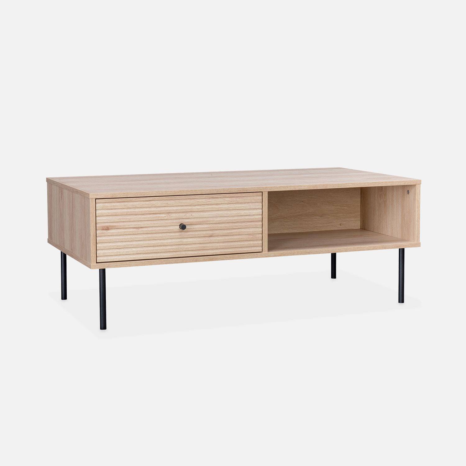 Grooved wood-effect coffee table with one drawer and storage nook, 110x59x41cm - Braga - Natural Photo3