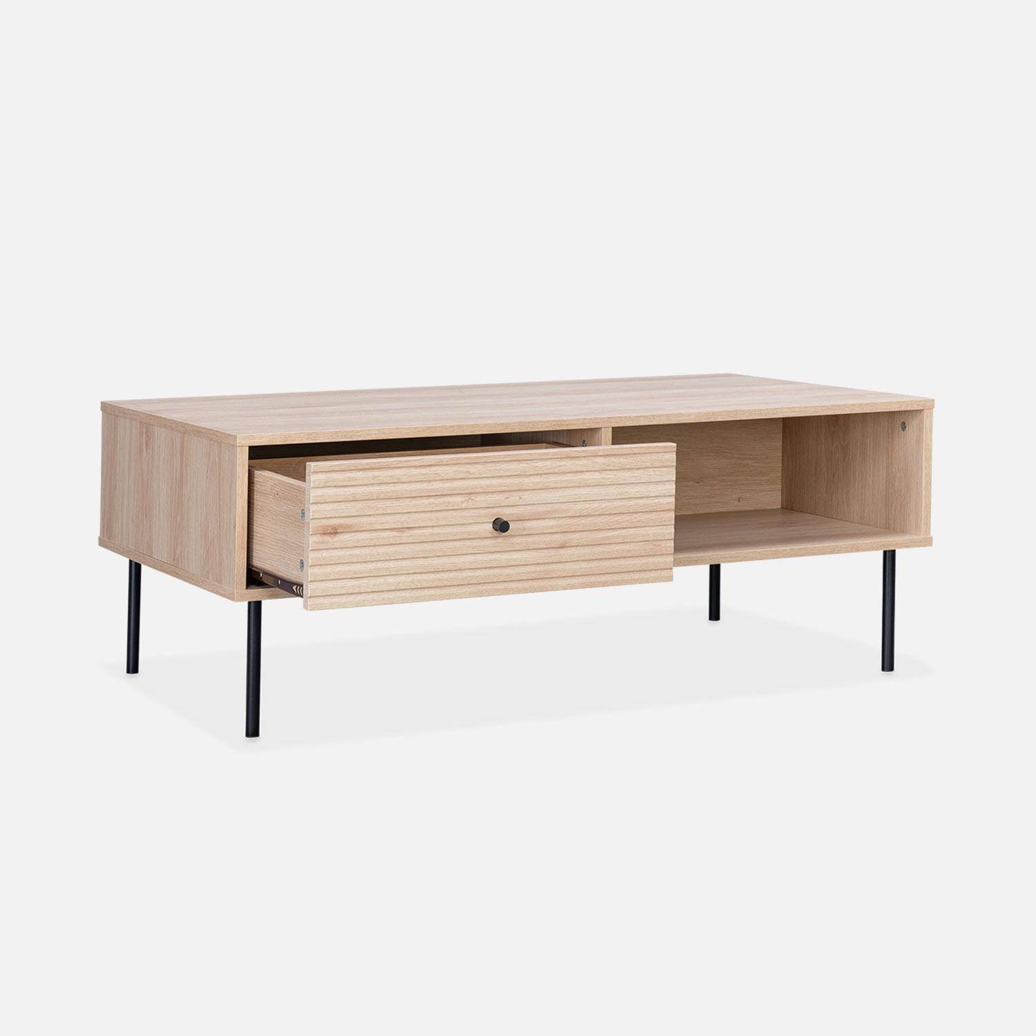 Grooved wood-effect coffee table with one drawer and storage nook, 110x59x41cm - Braga - Natural Photo6