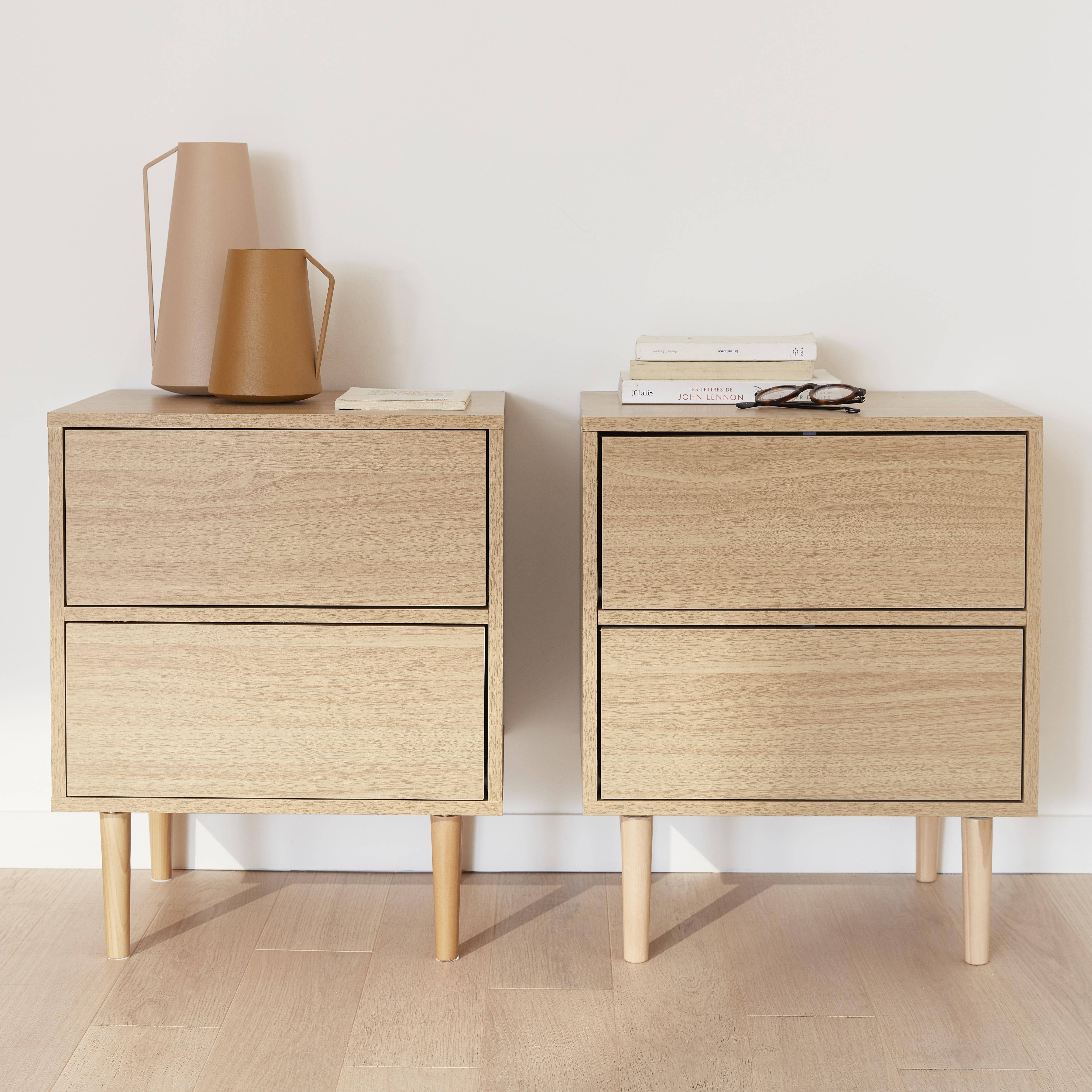 Pair of wood-effect bedside tables with two drawers, 48x40x59cm - Mika - Natural Wood Photo1