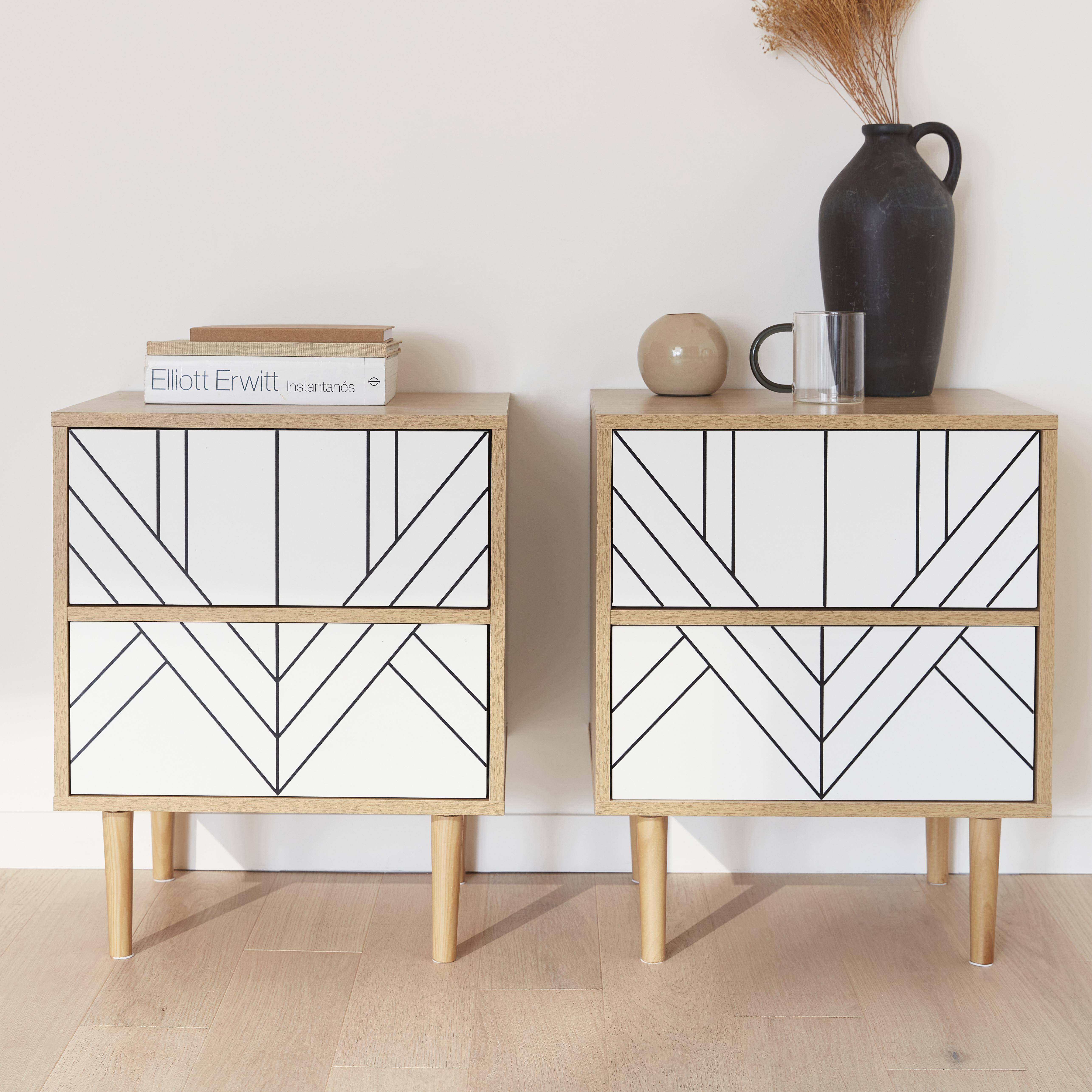 Pair of wood-effect bedside tables with two drawers, 48x40x59cm - Mika - White Photo1