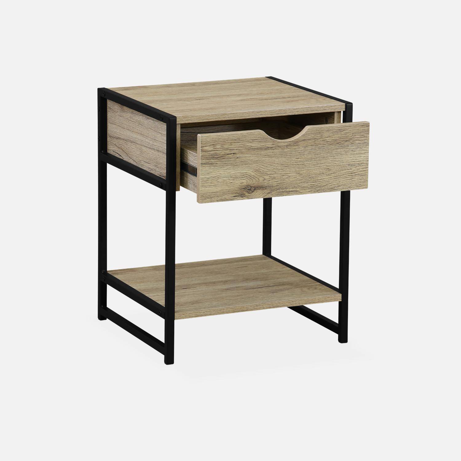 Pair of metal and wood-effect bedside tables with drawer and shelf, 40x40x50cm - Loft Photo7