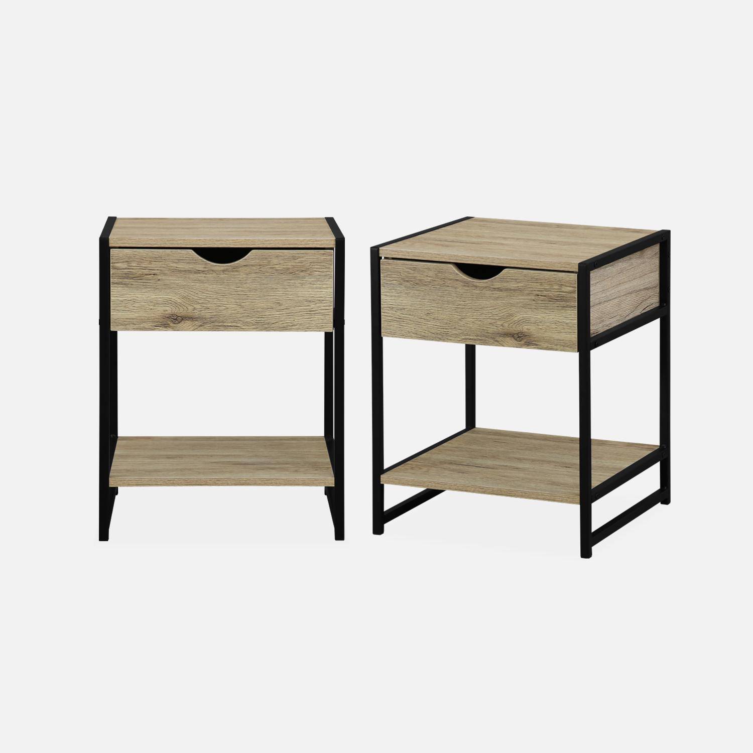 Pair of metal and wood-effect bedside tables with drawer and shelf, 40x40x50cm - Loft Photo4