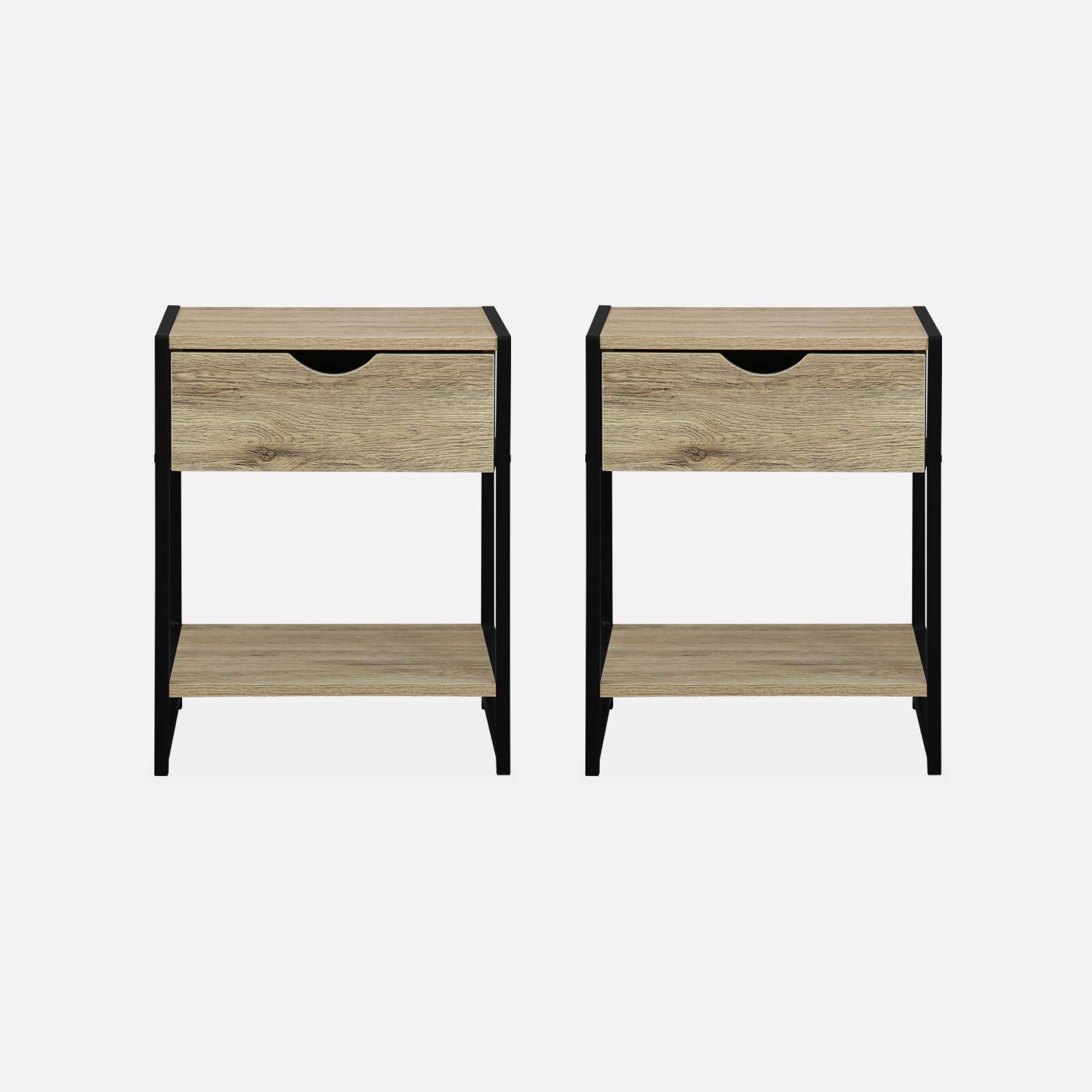 Pair of metal and wood-effect bedside tables with drawer and shelf, 40x40x50cm - Loft Photo5