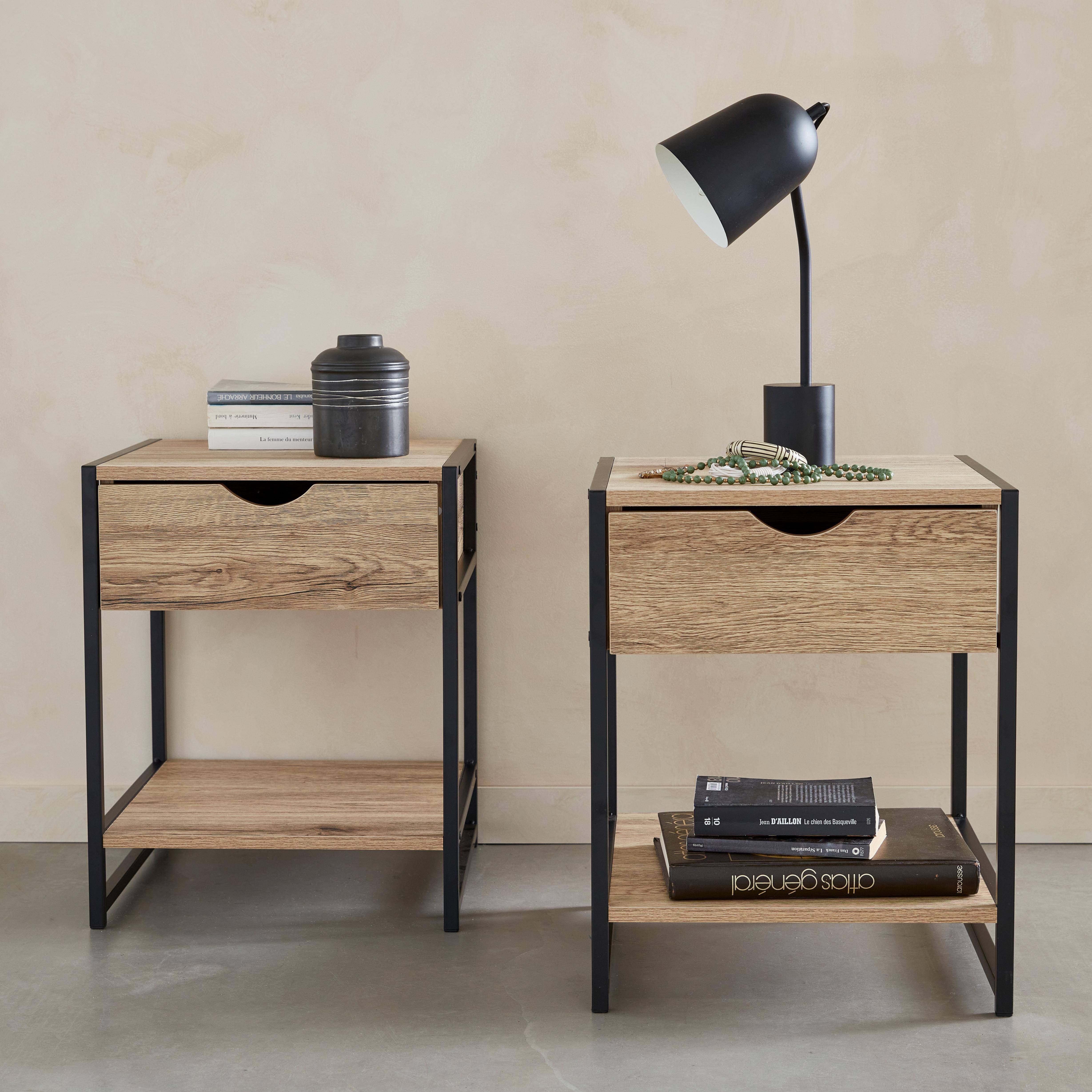 Pair of metal and wood-effect bedside tables with drawer and shelf, 40x40x50cm - Loft Photo1
