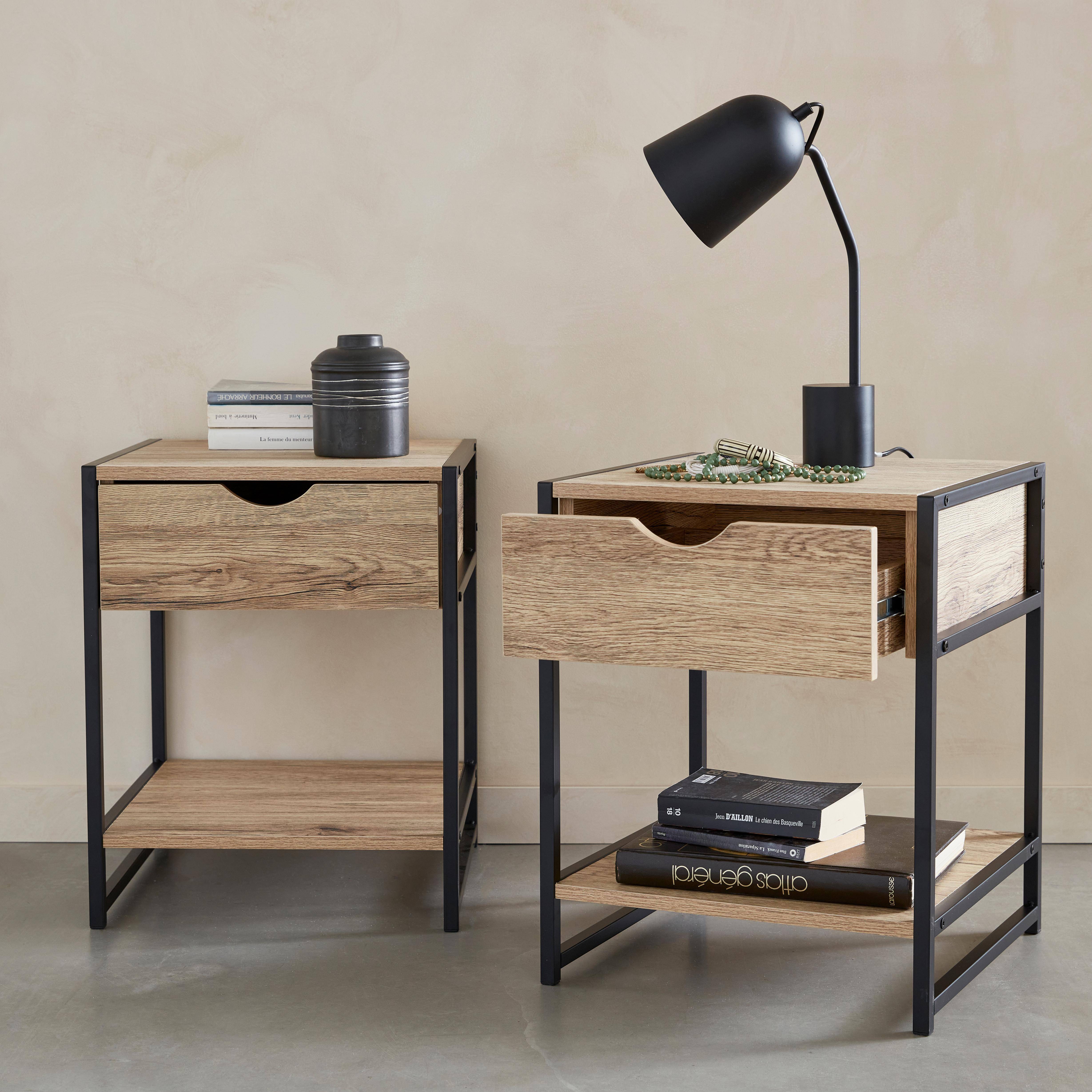Pair of metal and wood-effect bedside tables with drawer and shelf, 40x40x50cm - Loft Photo2