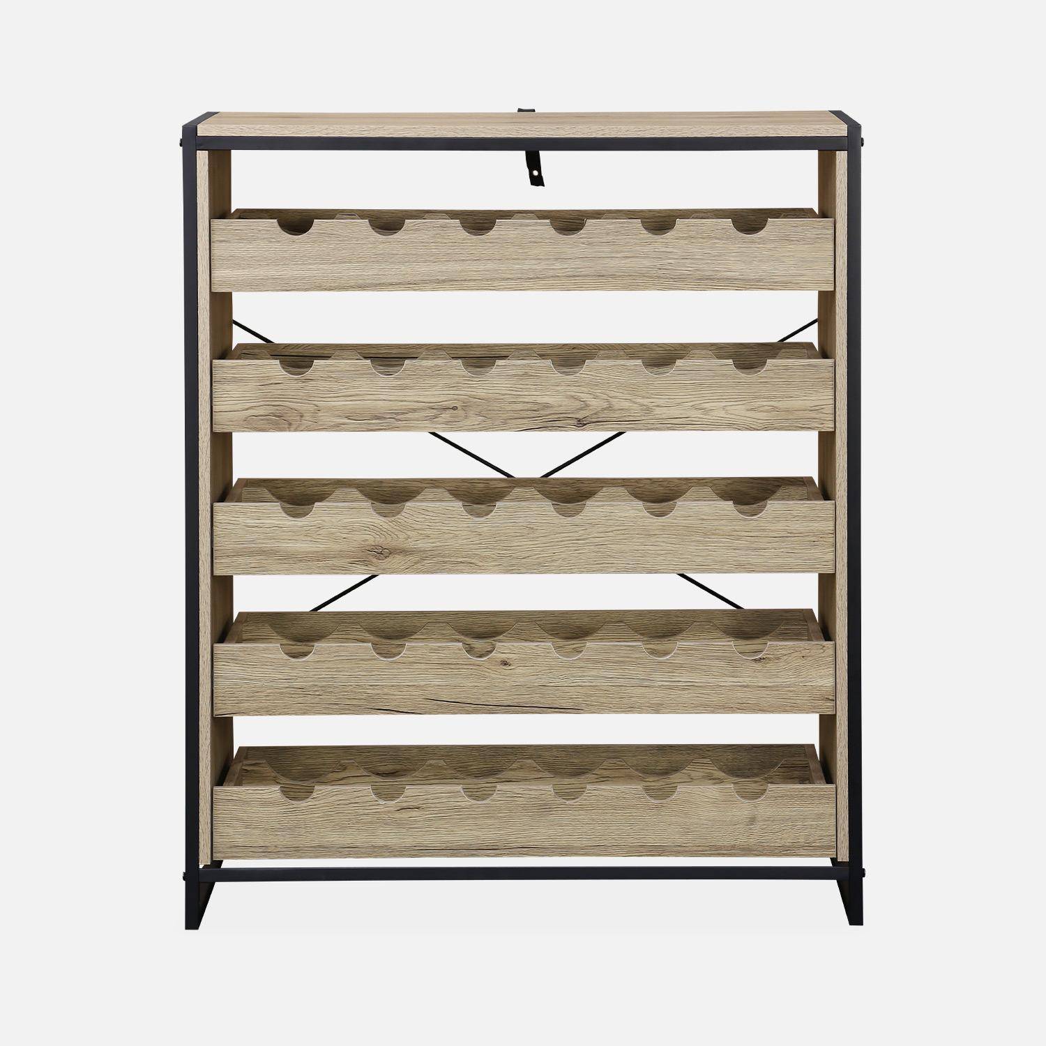 Meuble Range-bouteilles 5 étagères + 5 Tiroirs - Style Loft Bois Et Métal - 75x40x90 Cm - 30 Bouteilles - 10