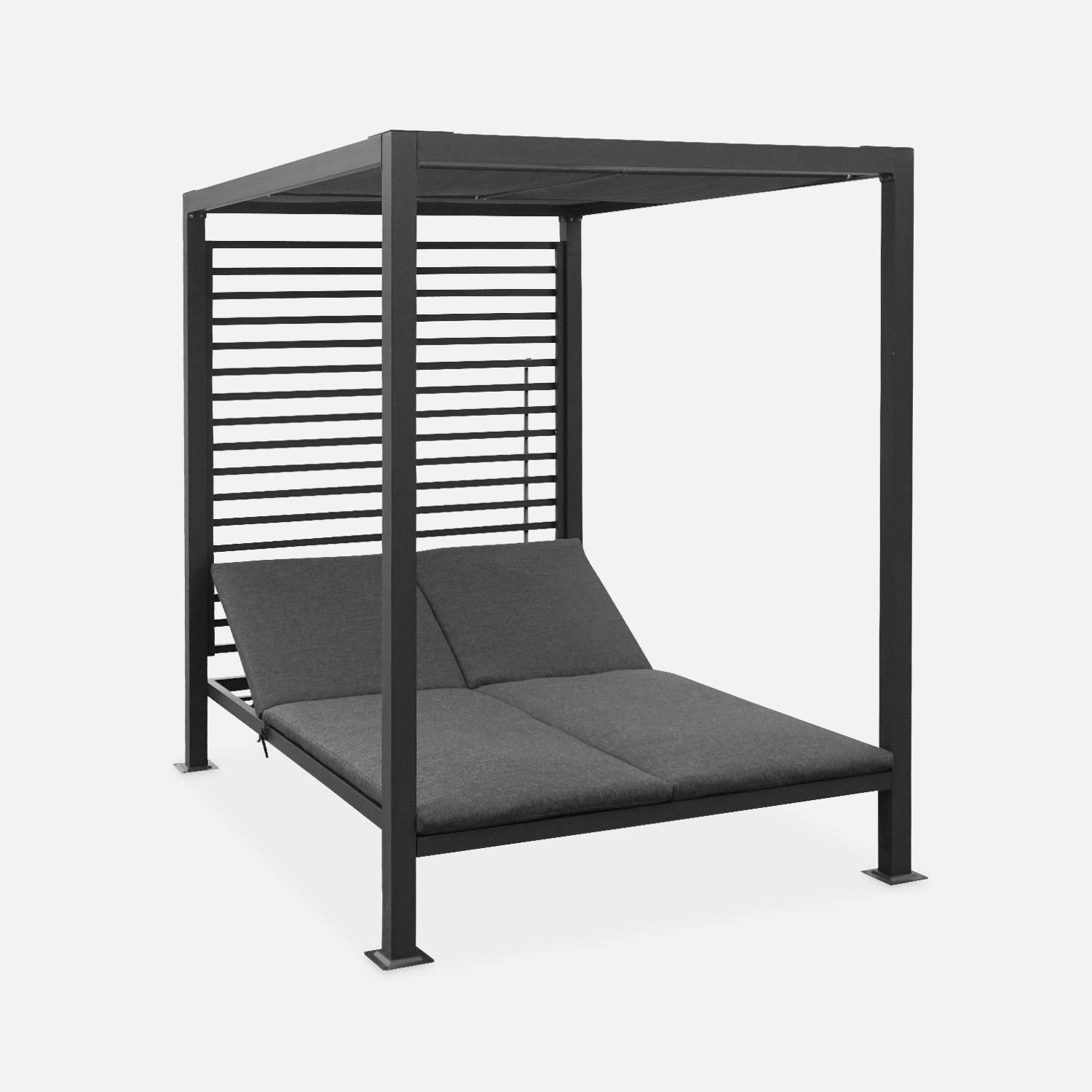 Lit de jardin aluminium, 2 matelas inclinables, toit avec panneaux amovibles, structure anthracite, coussins anthracite Photo3