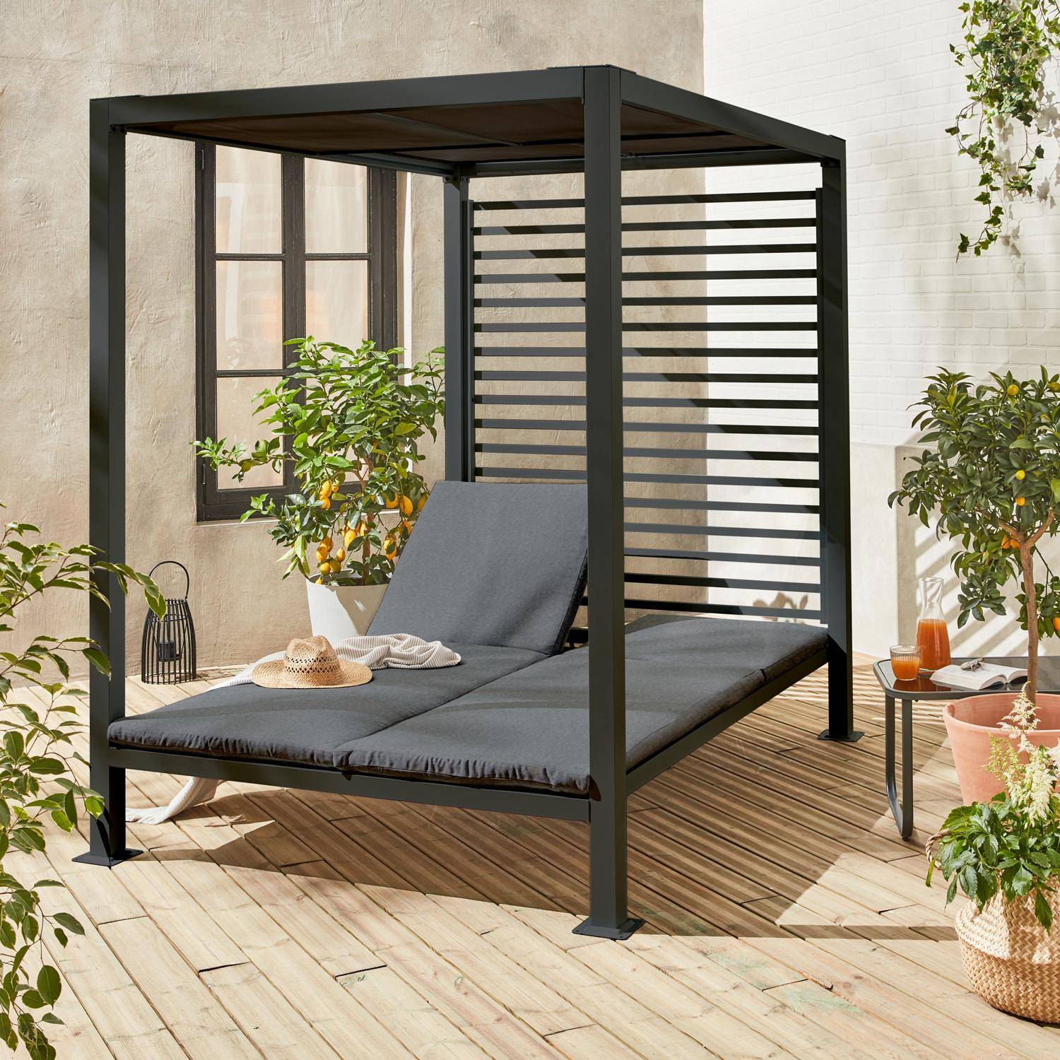 Lit de jardin aluminium, 2 matelas inclinables, toit avec panneaux amovibles, structure anthracite, coussins anthracite Photo2