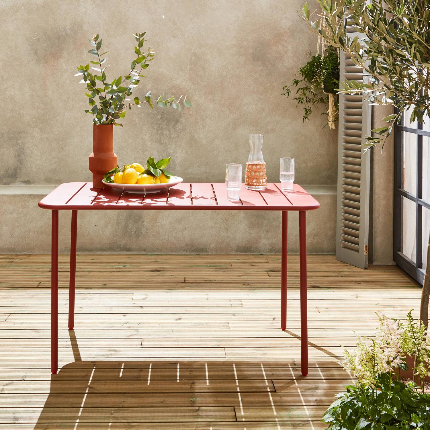 Table de jardin métal 4 places, terracotta, Amelia, 120x70cm, traitement antirouille, lattes et bords arrondis  Photo2