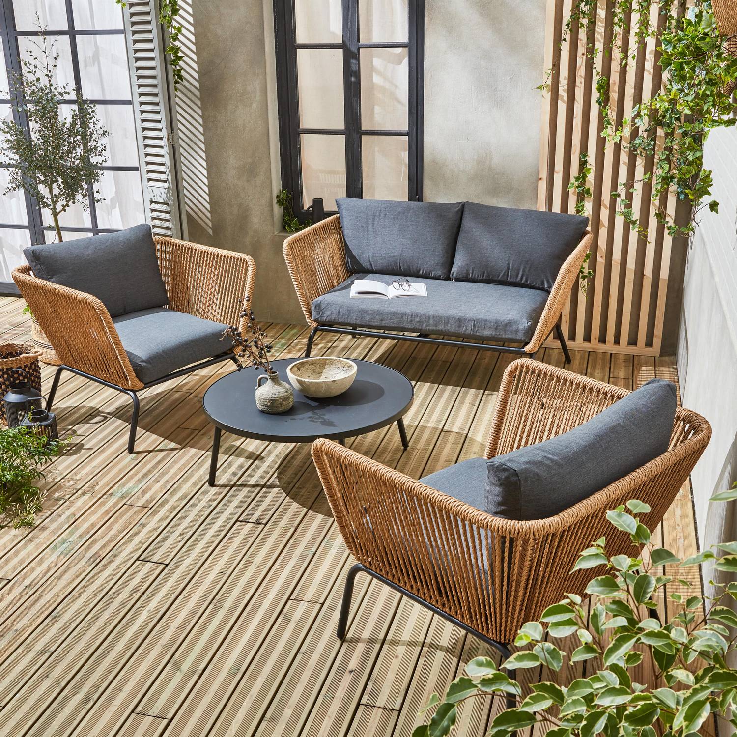 Set di mobili da giardino bassi, resina intrecciata effetto rattan, cuscini antracite, posti a sedere 4 Photo2