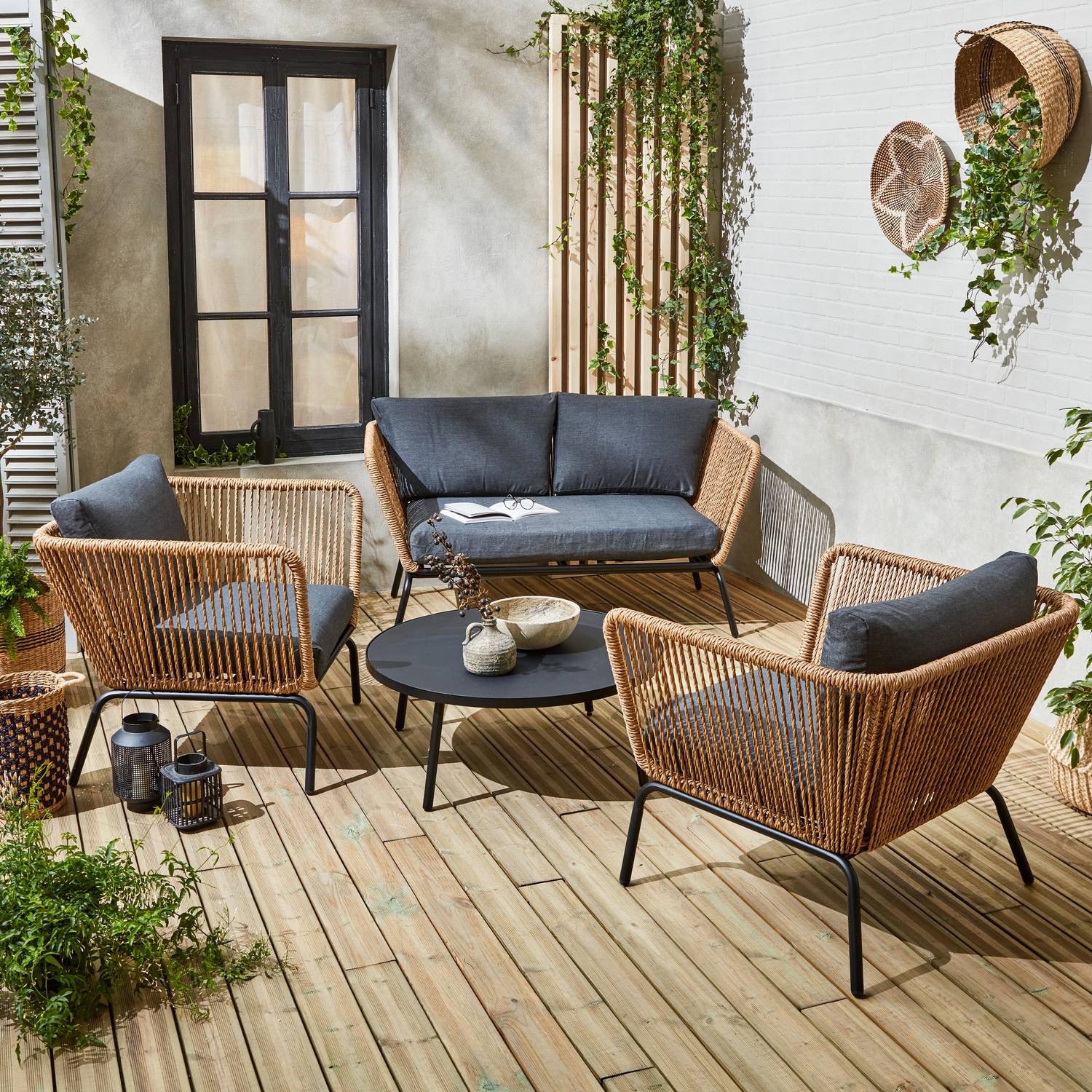 Set di mobili da giardino bassi, resina intrecciata effetto rattan, cuscini antracite, posti a sedere 4 Photo1