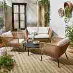 Conjunto de muebles bajos de jardín, resina tejida efecto ratán, cojines beige, 4 plazas Photo1