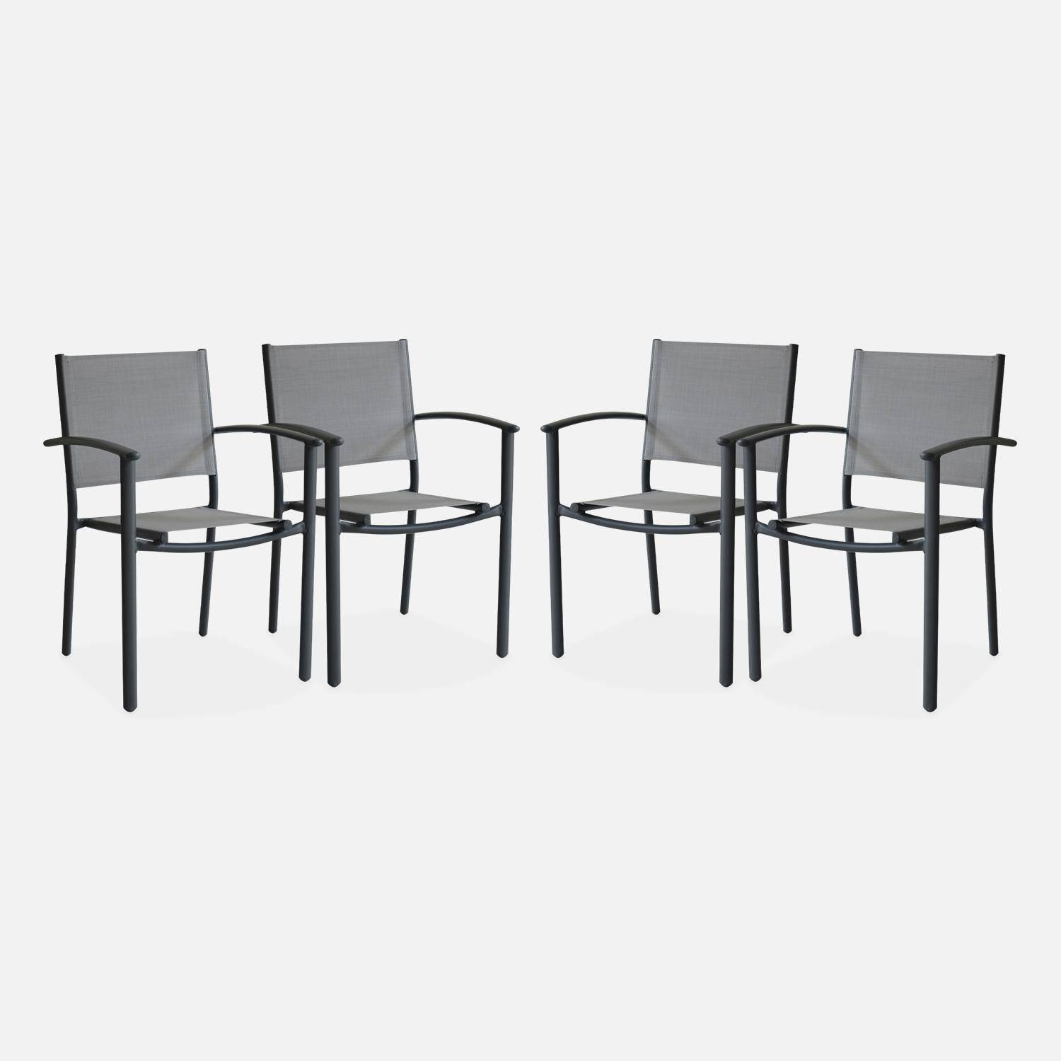 Lot de 4 fauteuils de jardin gris clair et anthracite empilables aluminium et textilène P56xL57xH85cm Photo3