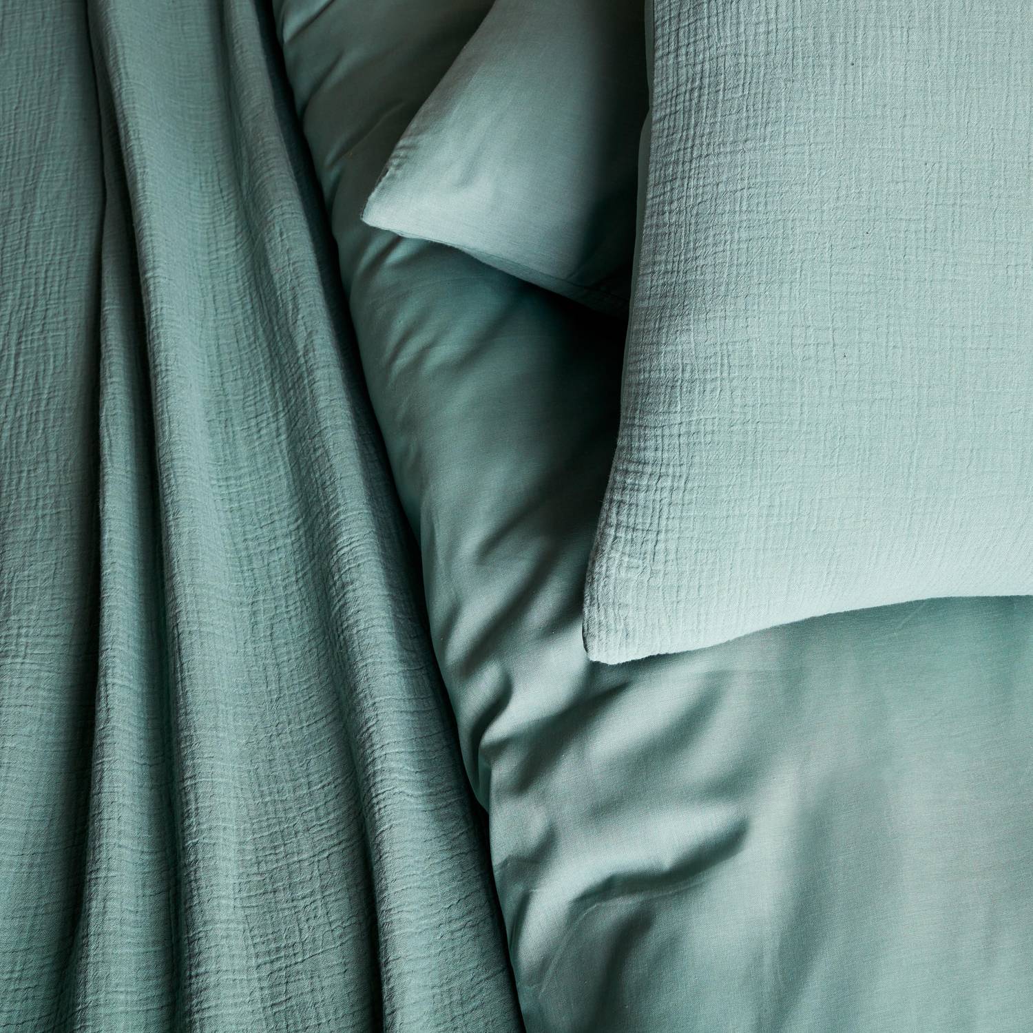 Bettwäschegarnitur aus mandelgrüner Baumwoll-Gaze / Baumwolle, 1 Person, 1 Bettbezug mit 1 Kopfkissenbezug 140 x 200 cm Photo2