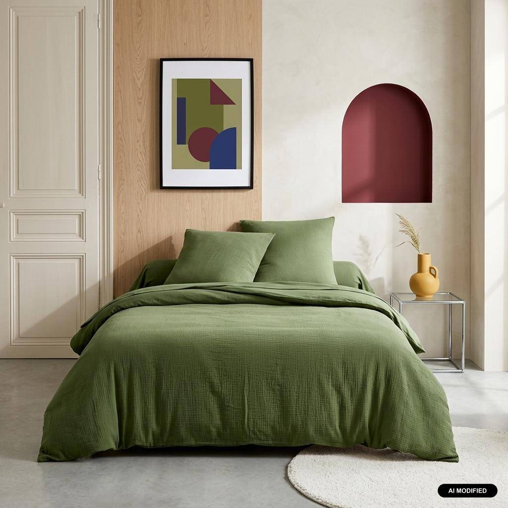 Parure de lit gaze de coton / coton kaki, 2 places, 1 housse de couette avec 2 taies d'oreiller 240 x 220 cm  Photo1