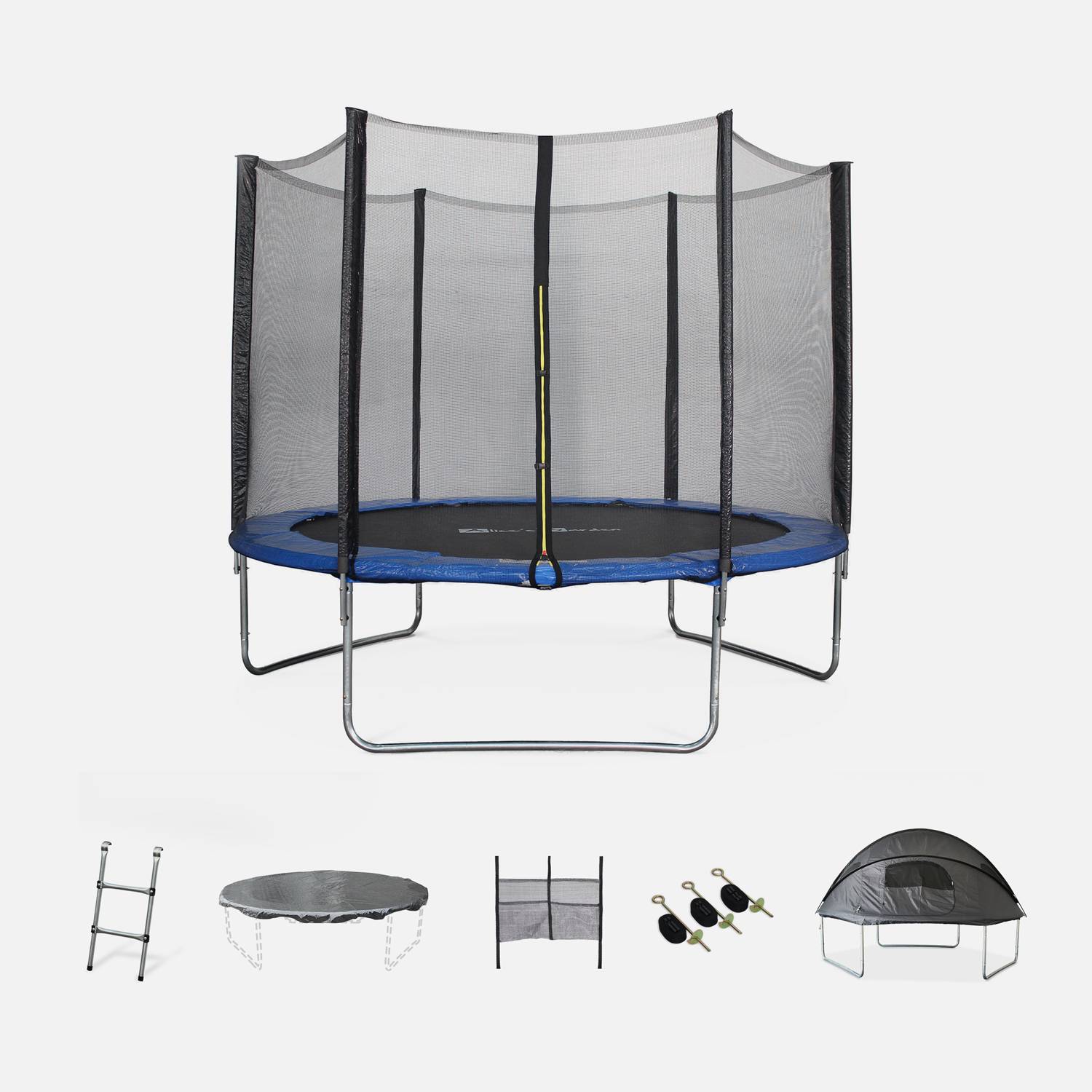 305cm blauwe trampoline met accessoires + tent  | sweeek