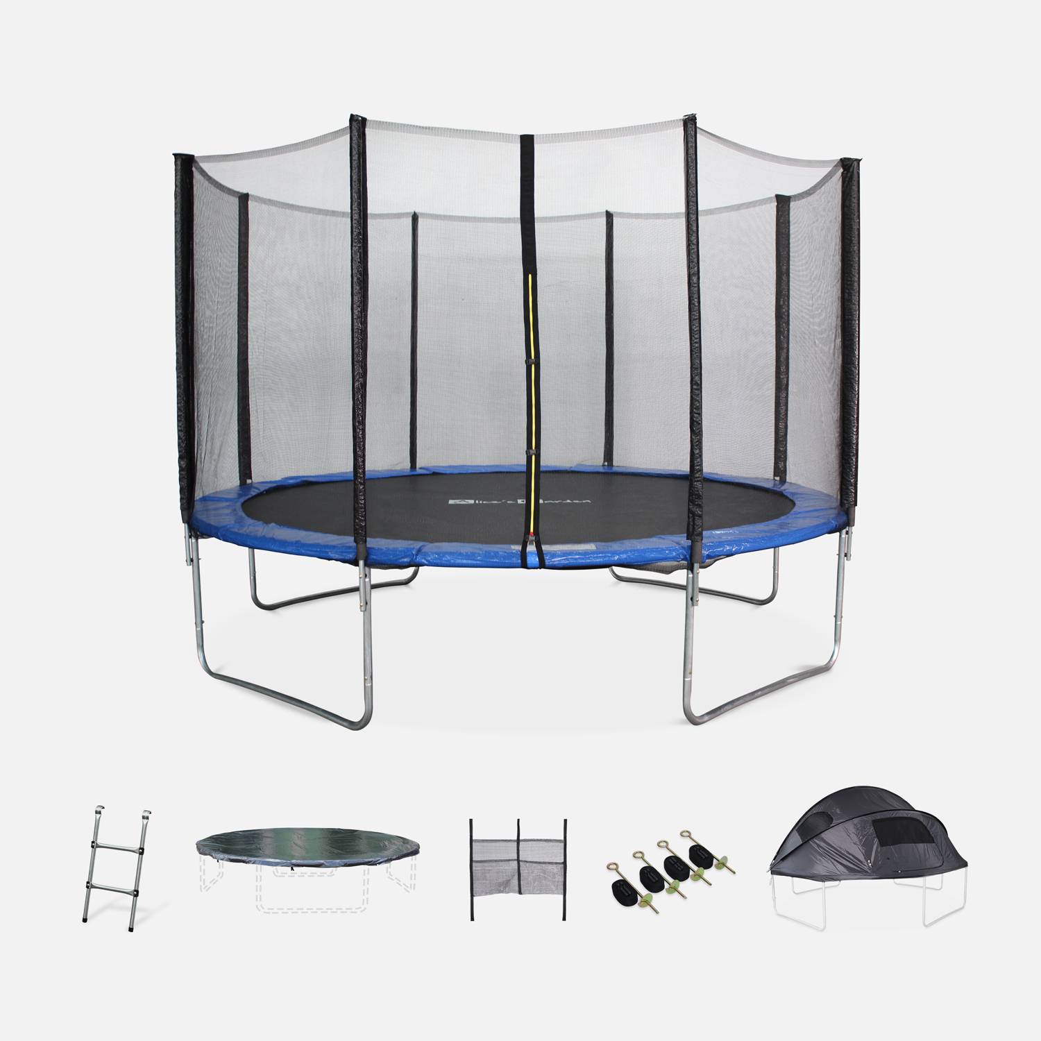 Trampoline 370 blauw met accessoires + tent  | sweeek