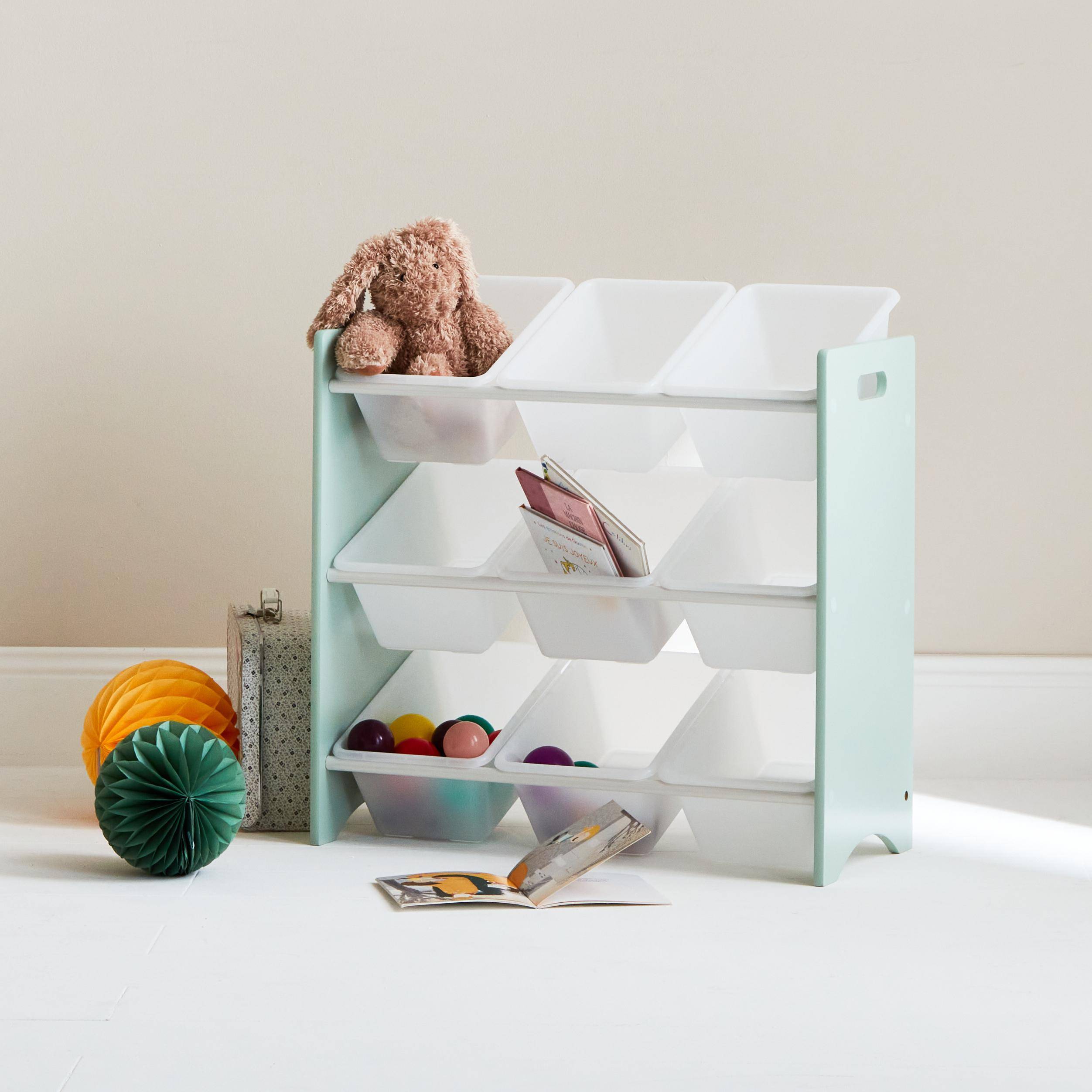 Storage unit for children with 9 compartments, celadon green - Tobias - MDF natural wood decor, 64x29.5x60cm,sweeek,Photo1