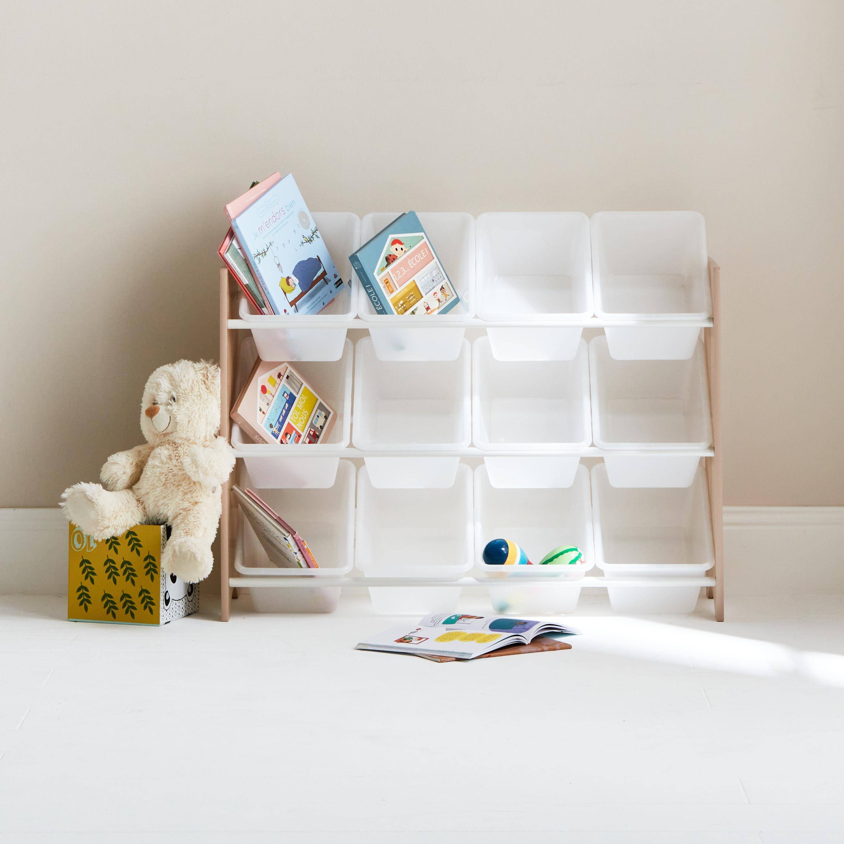 Storage combination with 12 boxes for kids toy, 84x29.5x60cm - Tobias - Natural wood colour Photo1