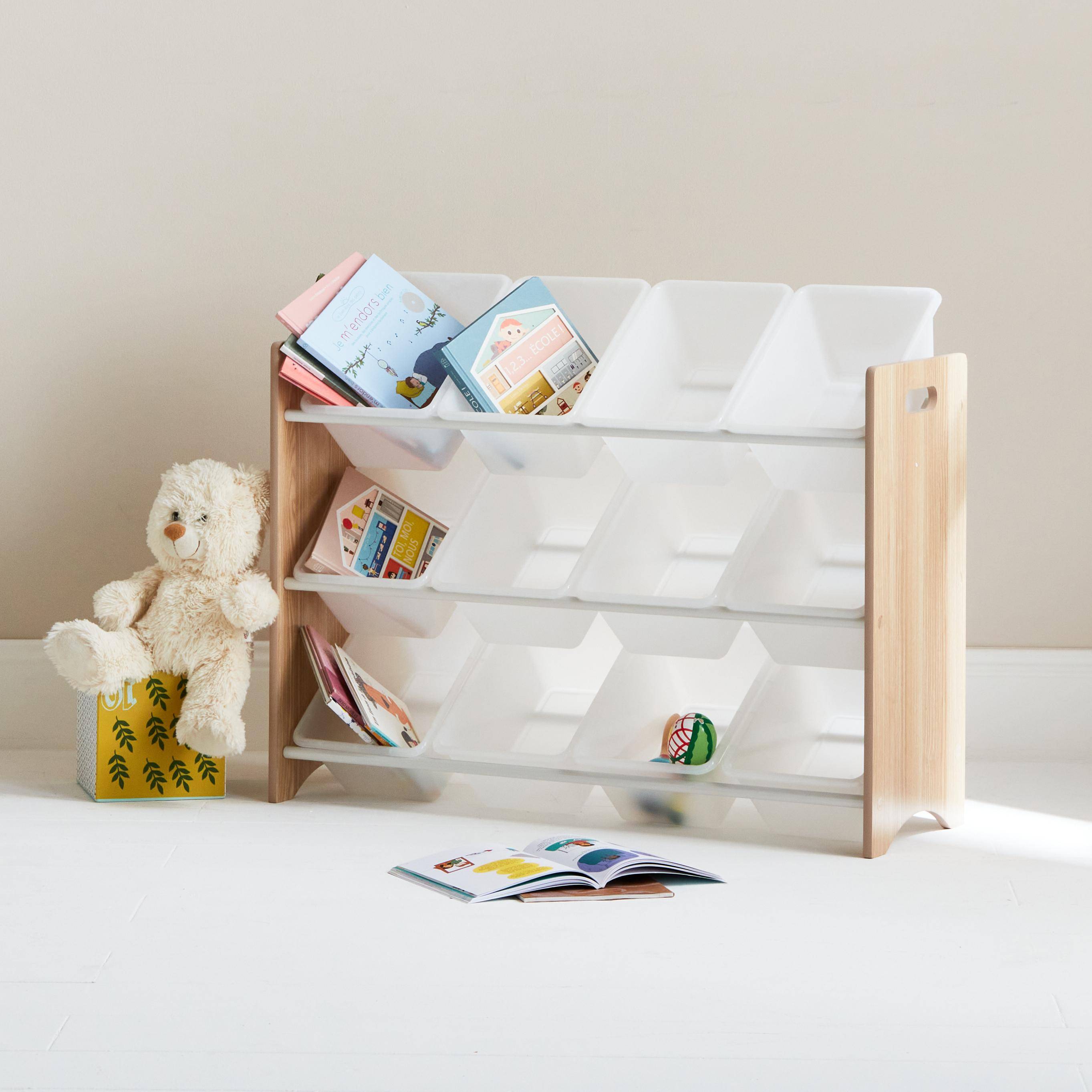 Storage combination with 12 boxes for kids toy, 84x29.5x60cm - Tobias - Natural wood colour,sweeek,Photo2