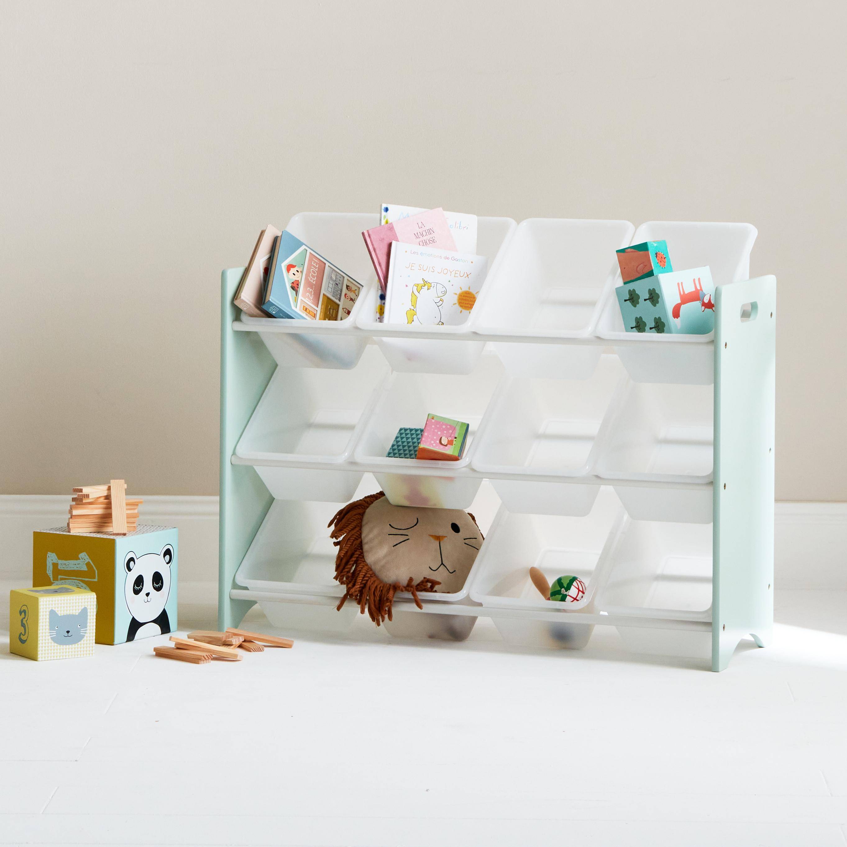 Mueble de almacenaje infantil con 12 compartimentos, verde celadón - Tobias - MDF, decoración de madera natural, An 84 x Pr 29,5 x Al 60cm,sweeek,Photo2