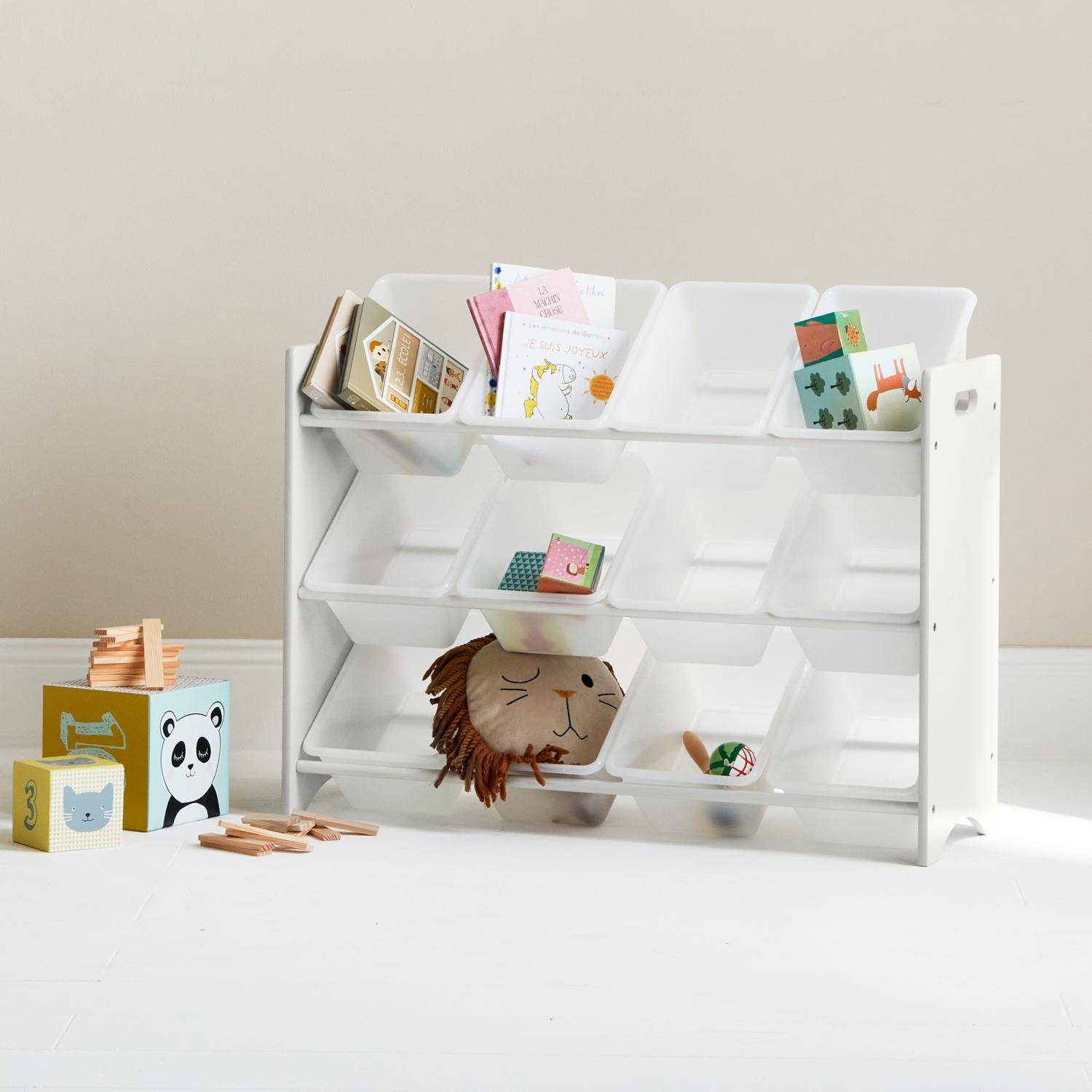 Meuble de rangement pour enfant avec 12 casiers, blanc - Tobias - MDF décor bois naturel, L 84 x P 29,5 x H 60cm,sweeek,Photo2