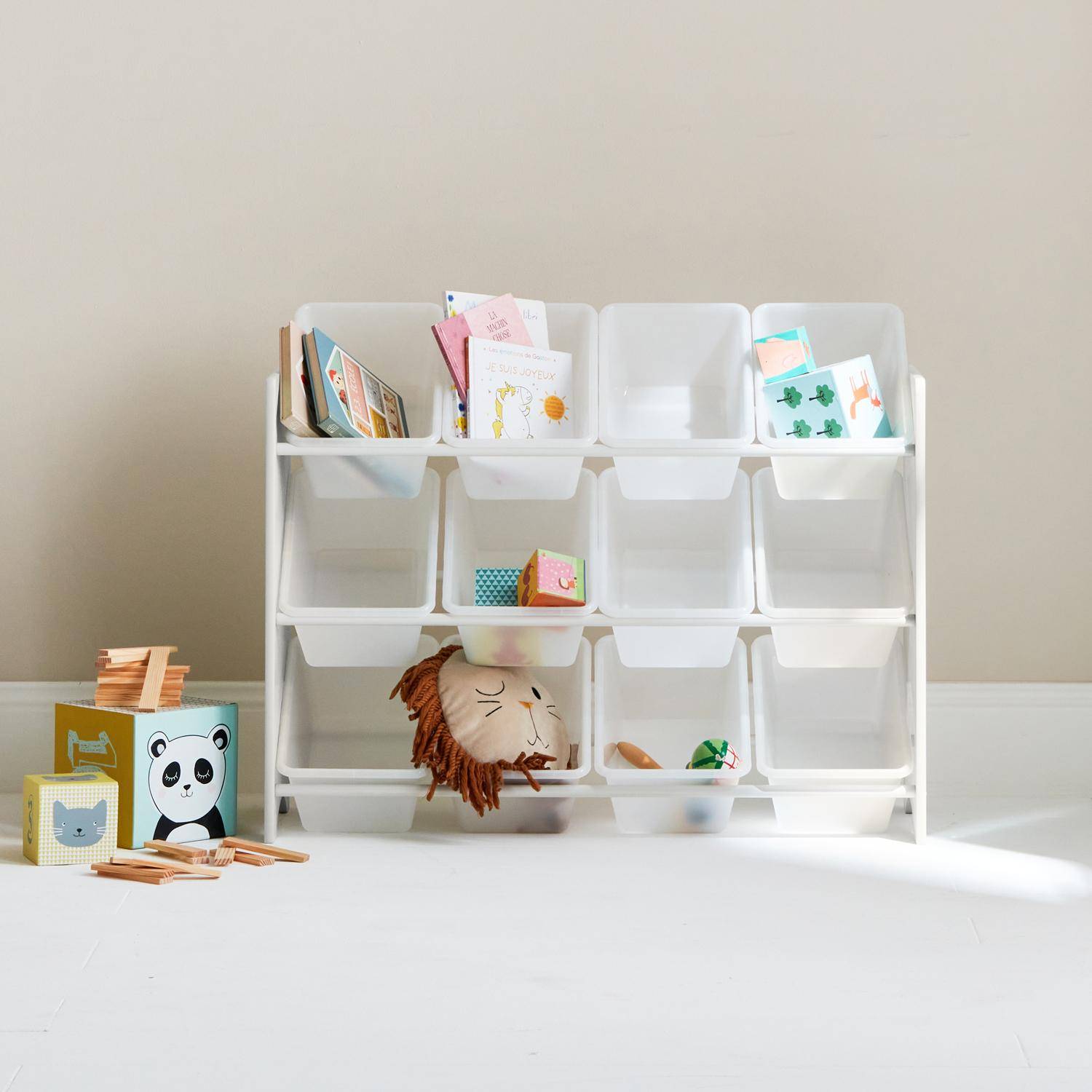 Meuble de rangement pour enfant avec 12 casiers, blanc - Tobias - MDF décor bois naturel, L 84 x P 29,5 x H 60cm,sweeek,Photo1