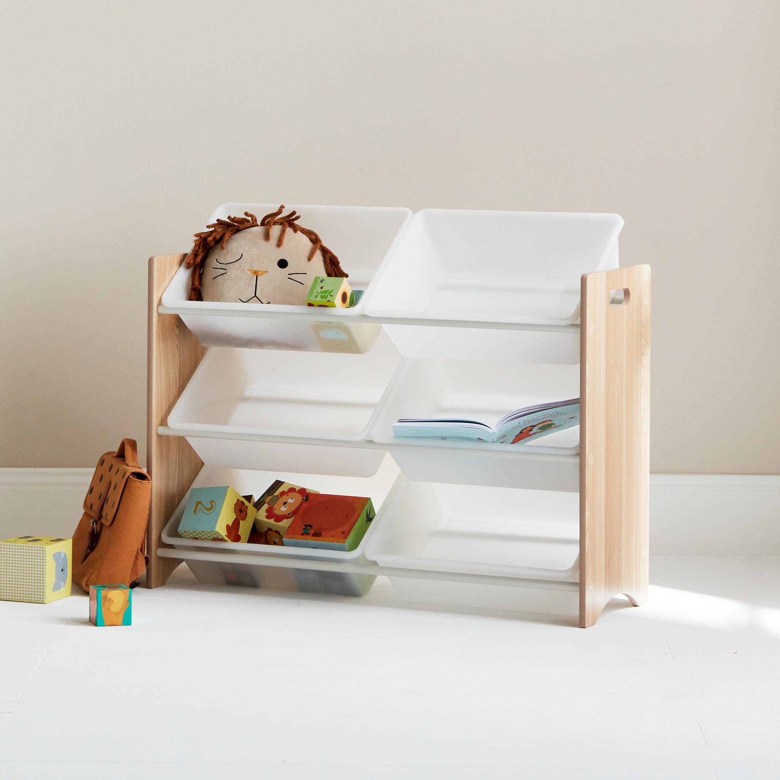 Storage combination with 6 boxes for kids toy, 84x29.5x60cm - Tobias - Natural wood colour,sweeek,Photo2
