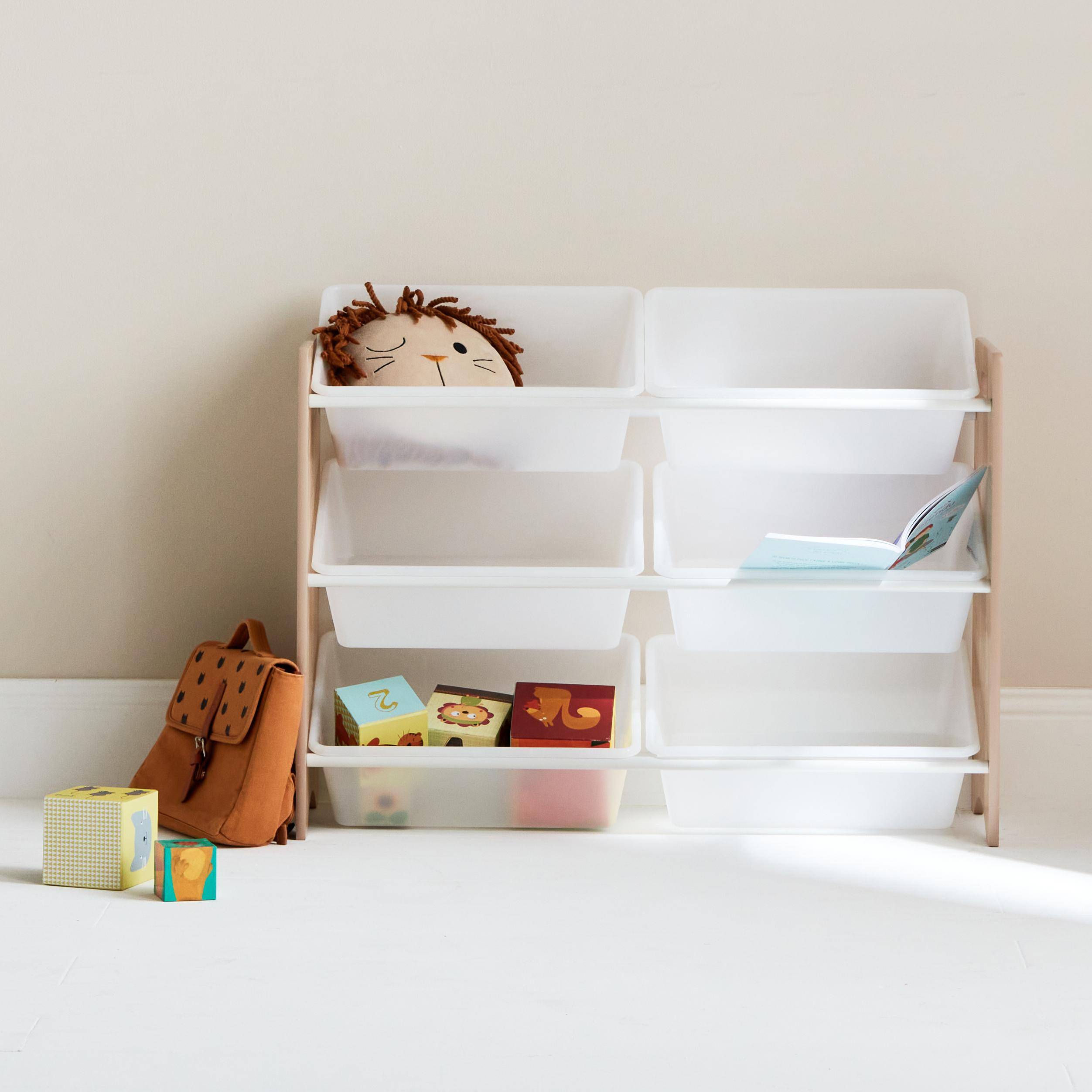 Meuble Rangement Enfant 6 Bacs Amovibles - Naturel Avec Bacs Colorés Taupe, Moutarde, Vert