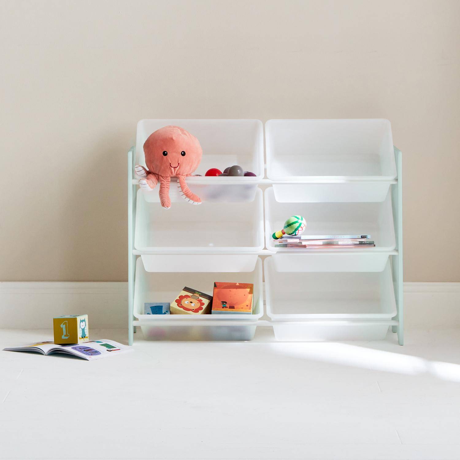 Mueble de almacenaje infantil con 6 compartimentos, verde celadón - Tobias - MDF, decoración de madera natural, An 84 x Pr 29,5 x Al 60cm Photo1