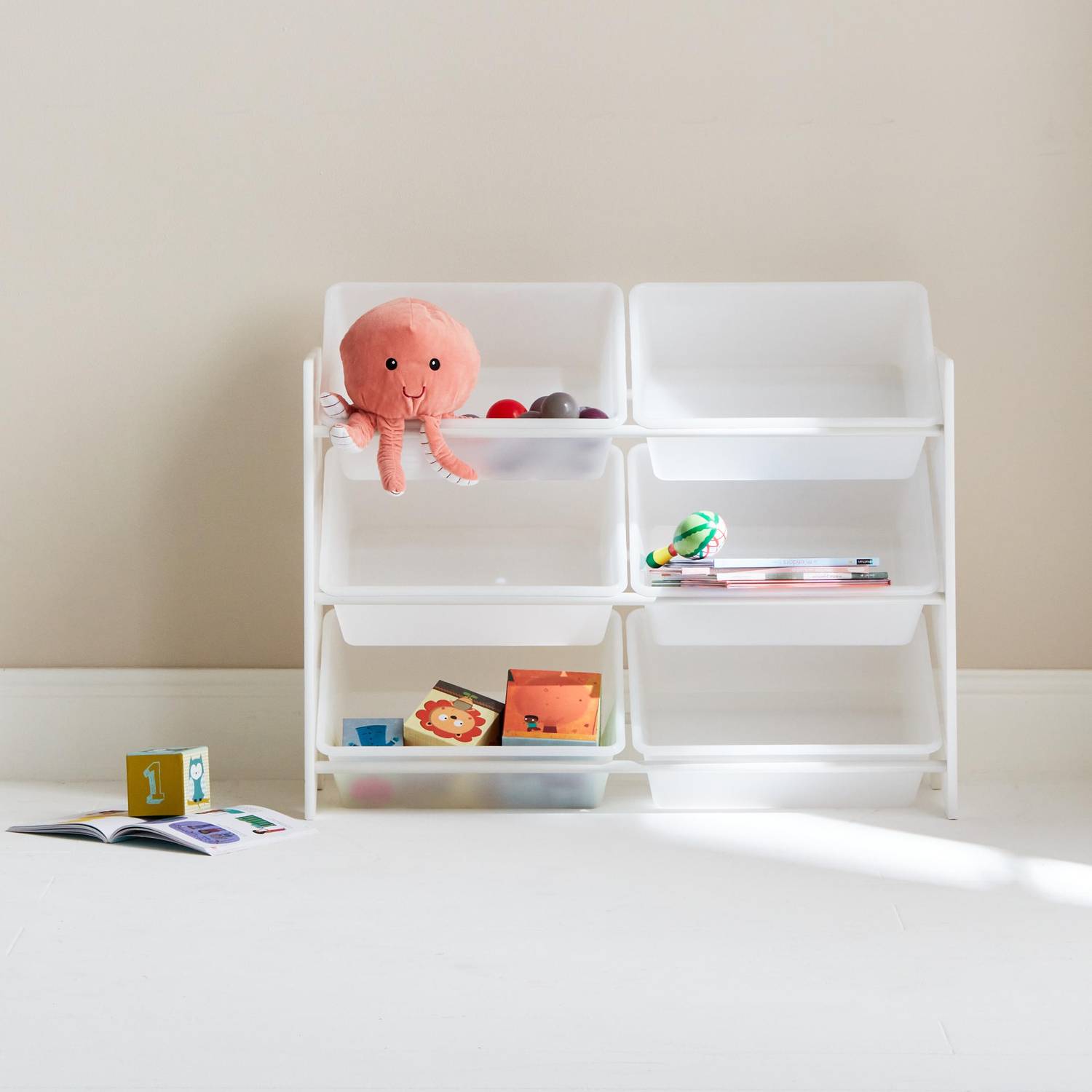 Mueble de almacenaje infantil con 6 compartimentos, blanco - Tobias - MDF madera natural, A 84 x P 29,5 x Alt 60cm Photo1