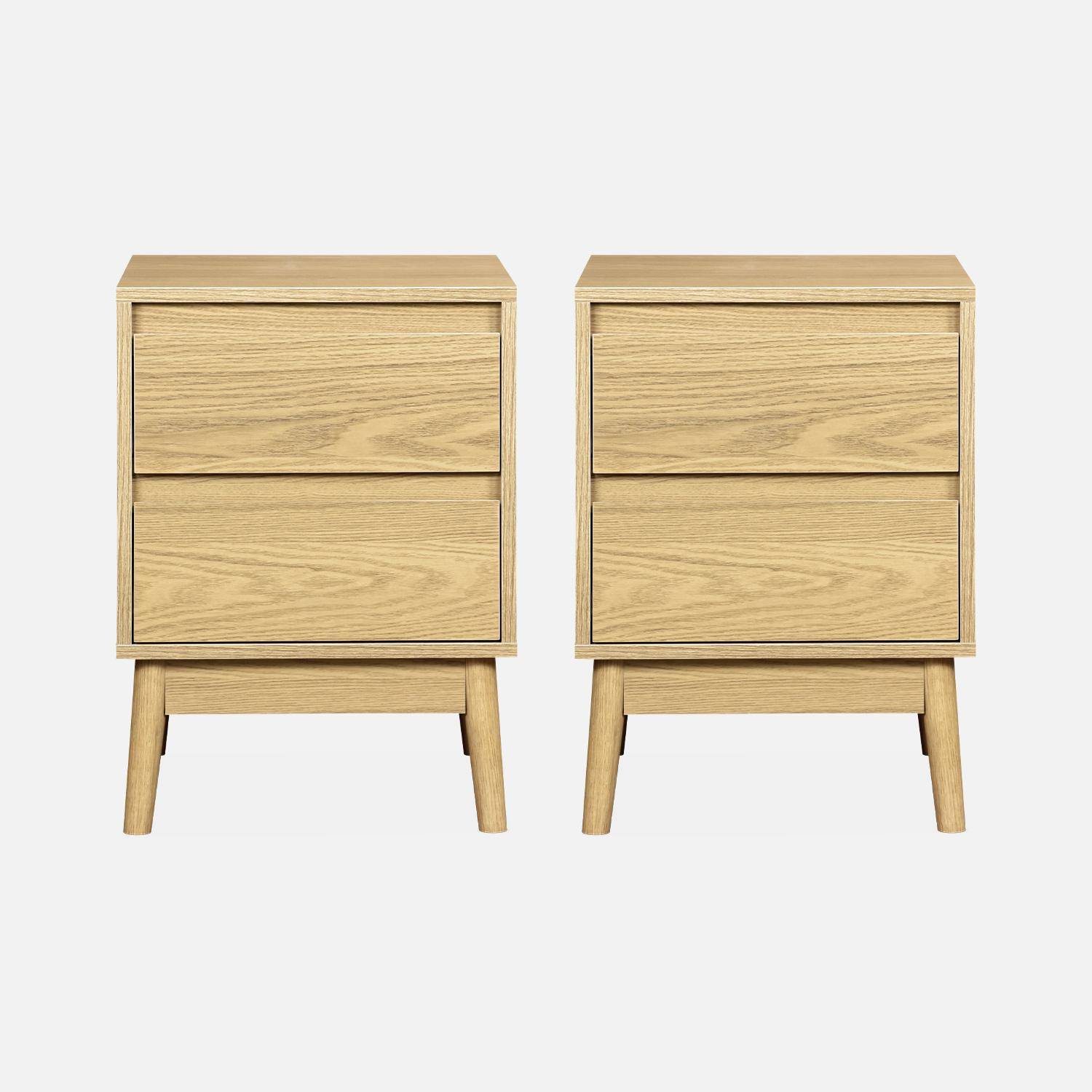 Conjunto de 2 mesas de cabeceira, decoração em madeira, duas gavetas Photo4