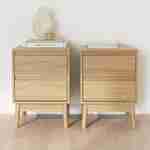 Conjunto de 2 mesas de cabeceira, decoração em madeira, duas gavetas Photo1