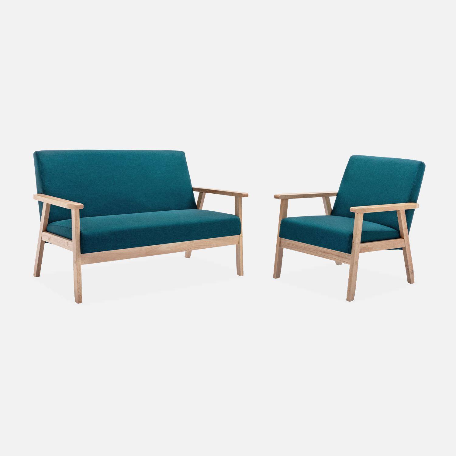 Banco y sillón escandinavos de madera y tela azul petróleo L 114 x A 69,5 x Alt 73cm Photo2