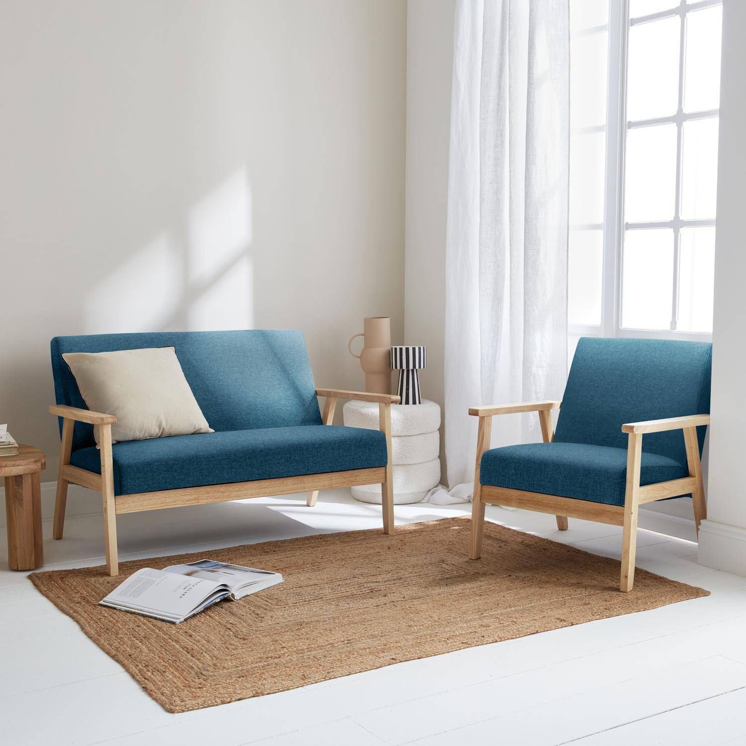 Banco y sillón escandinavos de madera y tela azul petróleo L 114 x A 69,5 x Alt 73cm Photo1